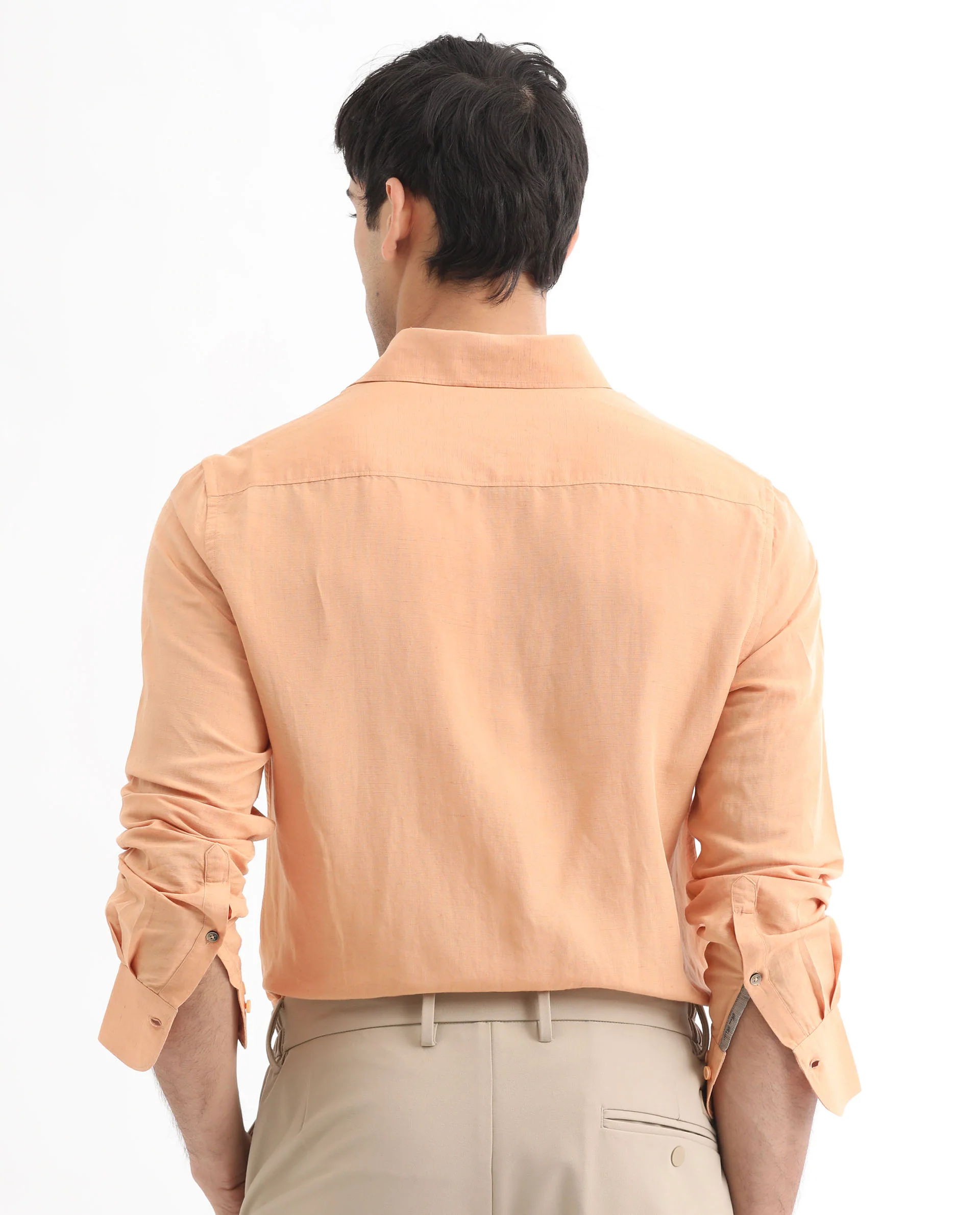 Rare Rabbit Men's Throner Light Orange Linen Blend Plain Regular Fit Full Sleeve Collared Shirt - Image 8
