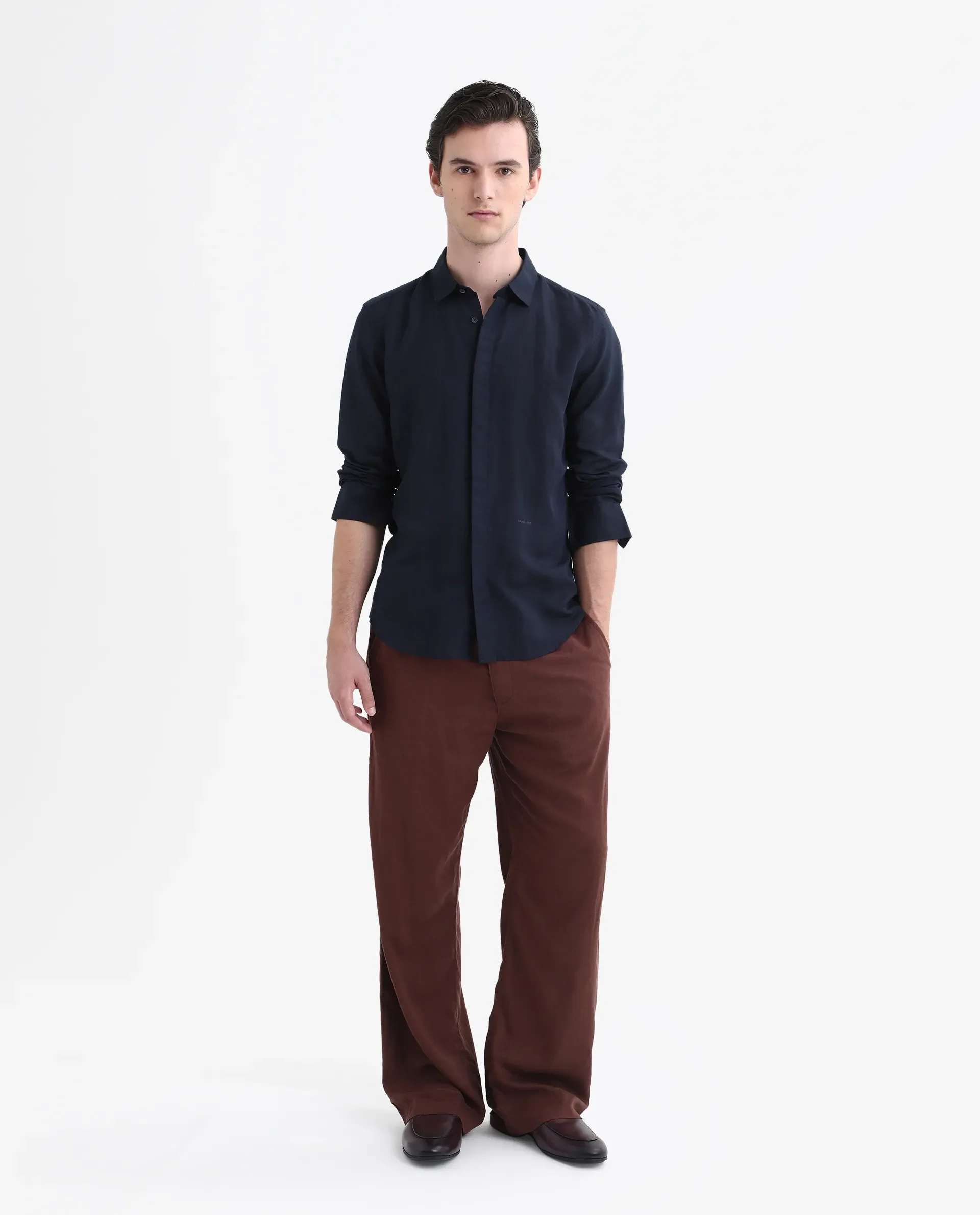 Rare Rabbit Men's Throner Navy Linen Blend Plain Regular Fit Full Sleeve Collared Shirt - Image 2