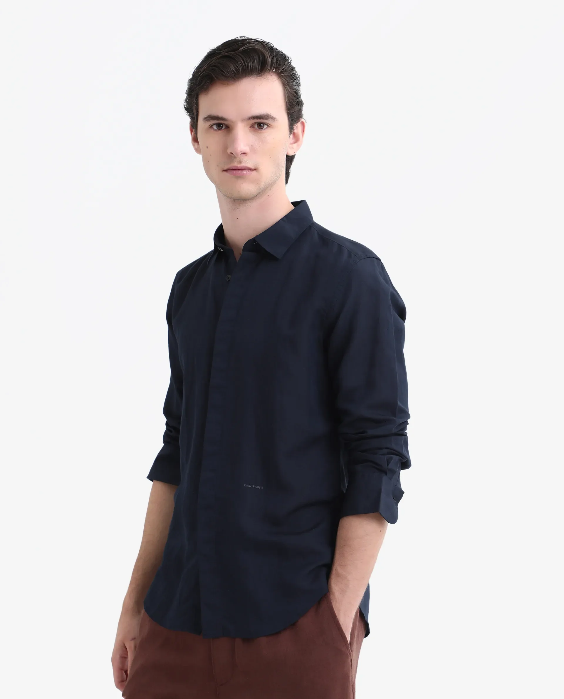 Rare Rabbit Men's Throner Navy Linen Blend Plain Regular Fit Full Sleeve Collared Shirt - Image 4