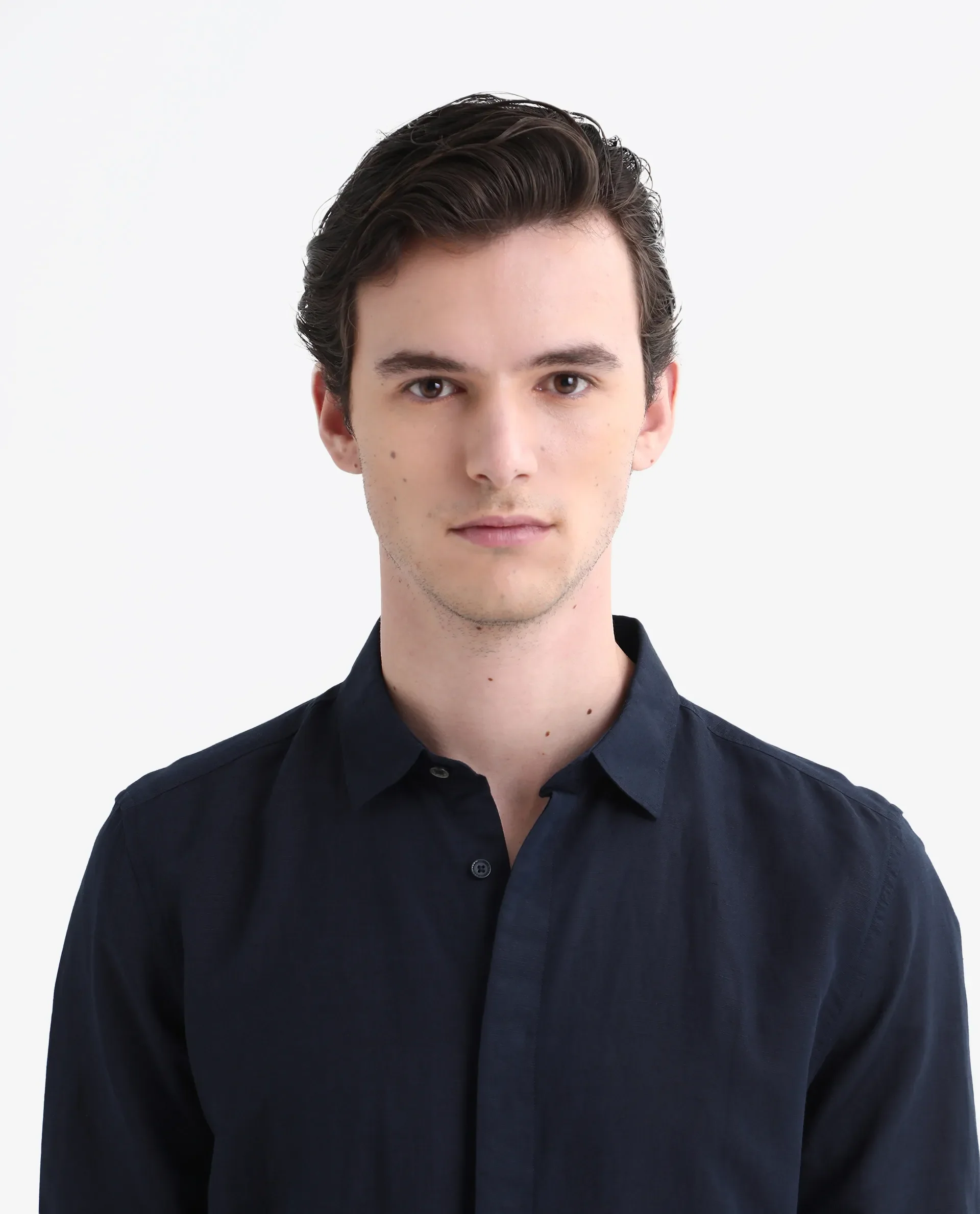 Rare Rabbit Men's Throner Navy Linen Blend Plain Regular Fit Full Sleeve Collared Shirt - Image 5