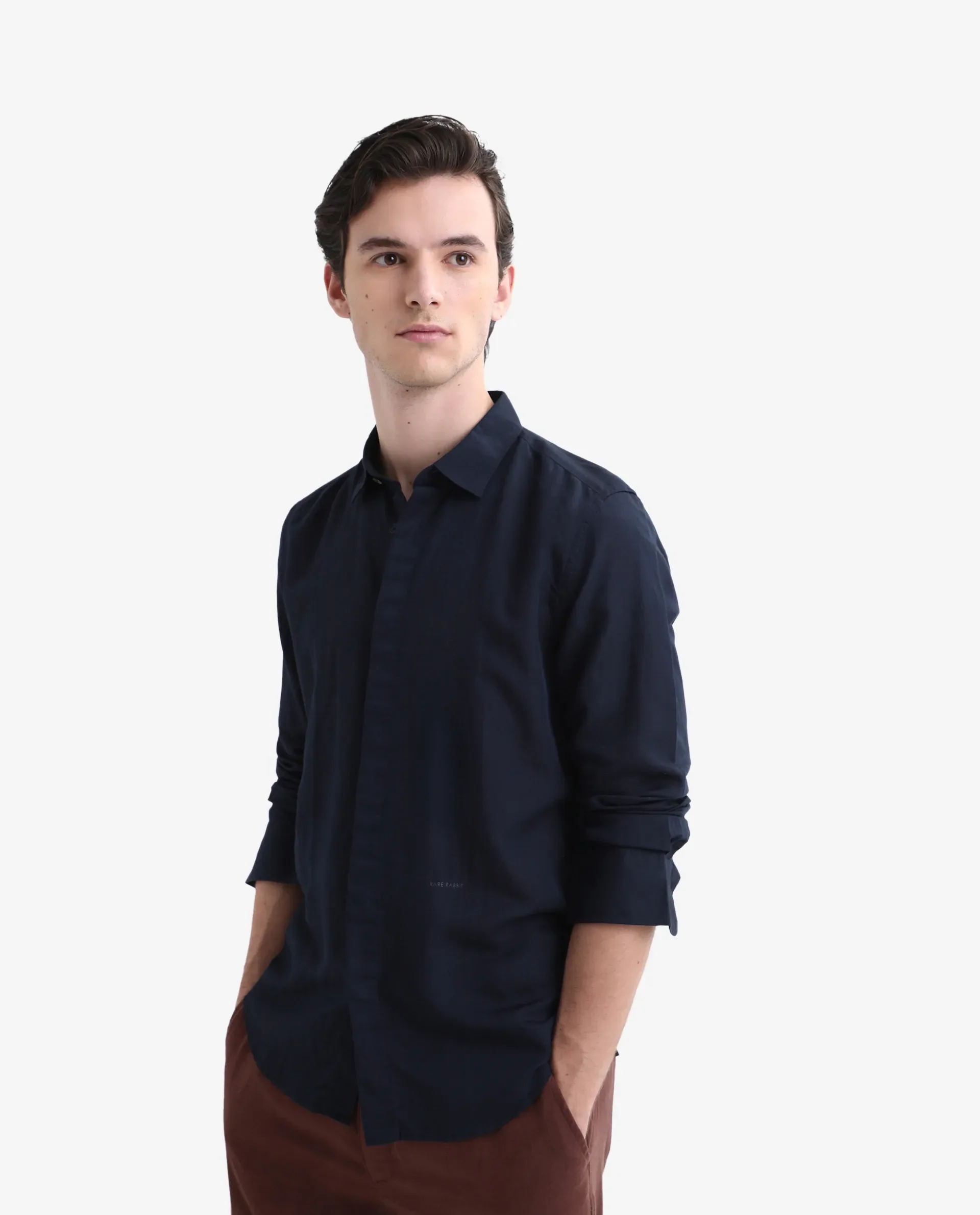 Rare Rabbit Men's Throner Navy Linen Blend Plain Regular Fit Full Sleeve Collared Shirt - Image 6