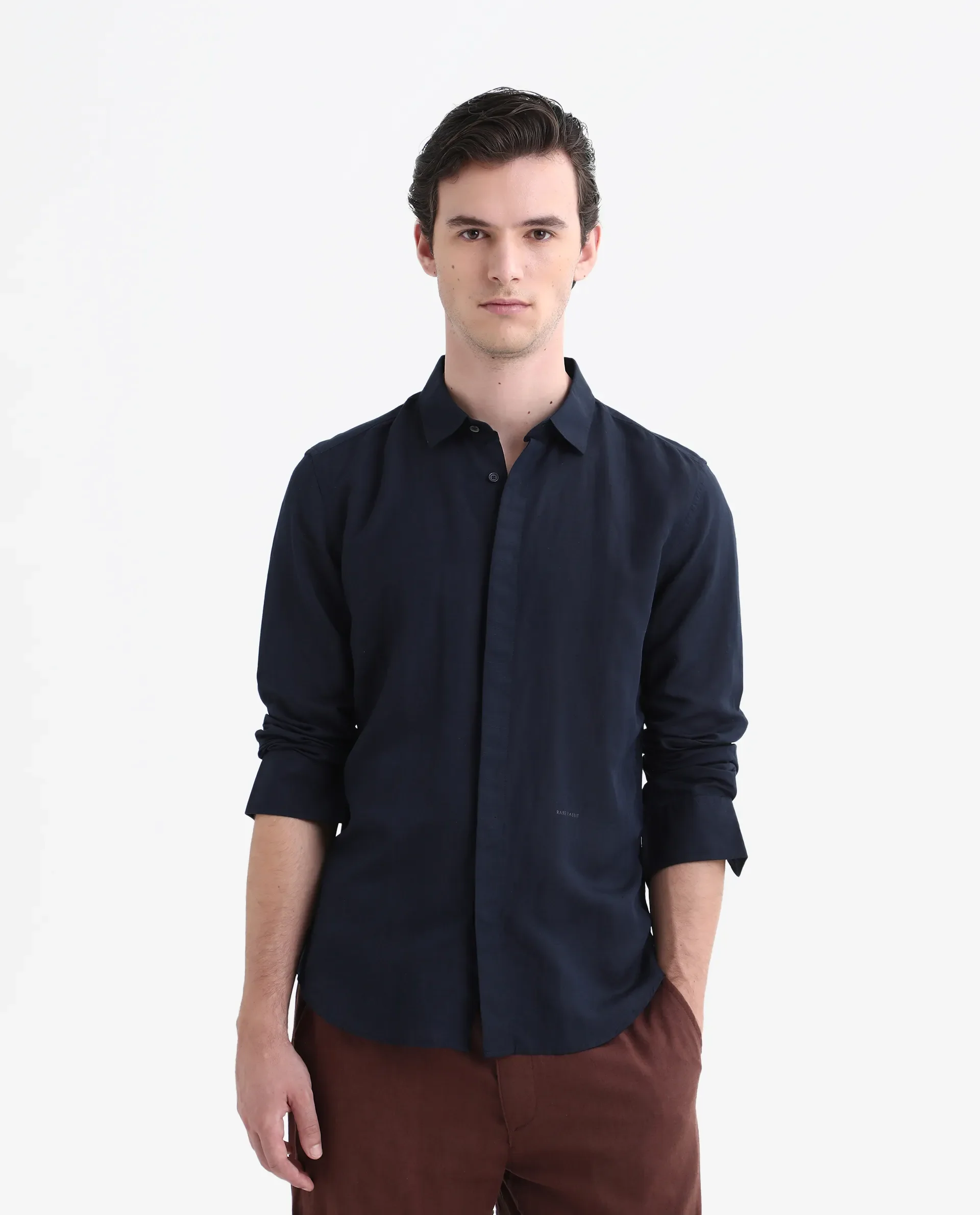 Rare Rabbit Men's Throner Navy Linen Blend Plain Regular Fit Full Sleeve Collared Shirt - Image 7