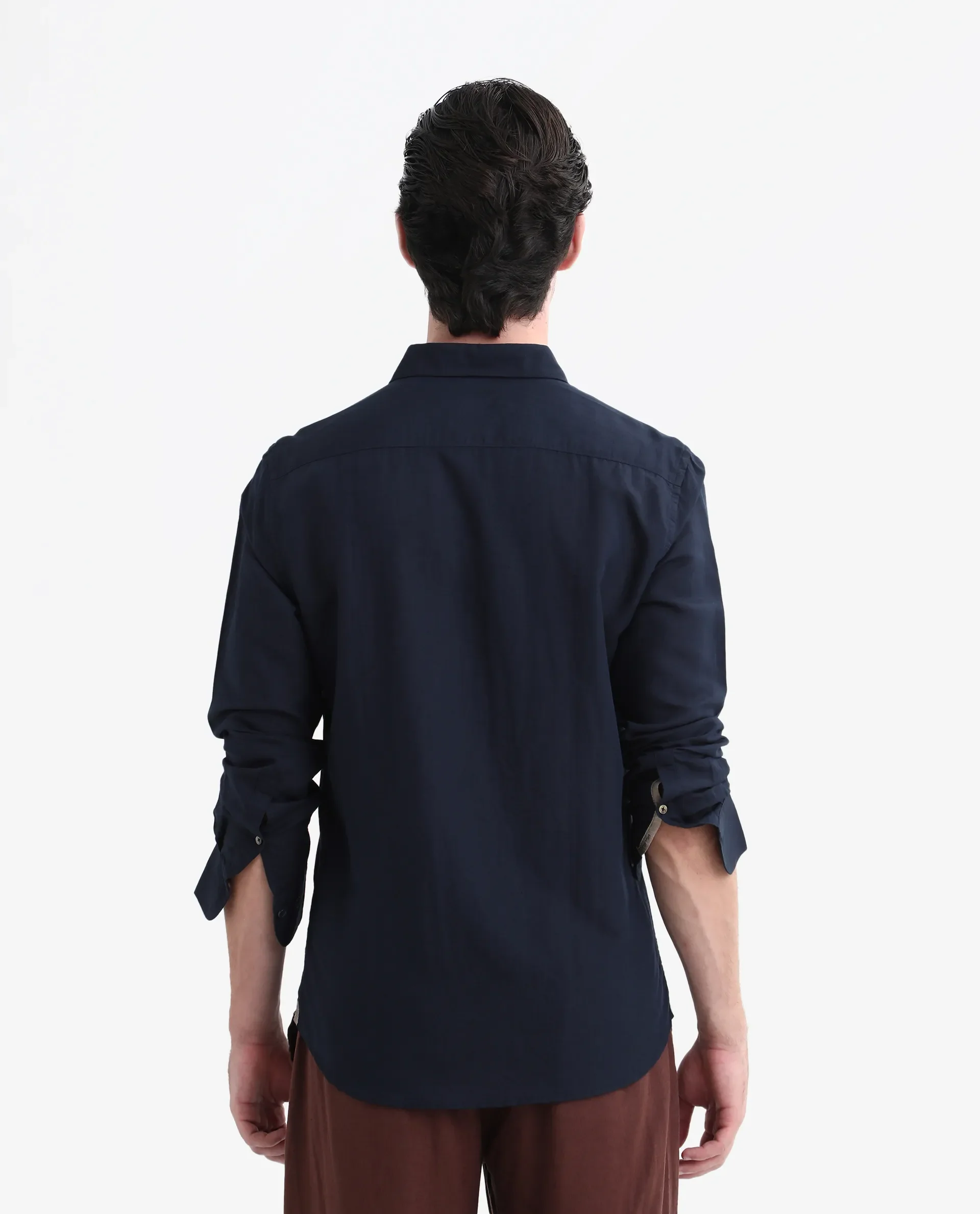 Rare Rabbit Men's Throner Navy Linen Blend Plain Regular Fit Full Sleeve Collared Shirt - Image 8