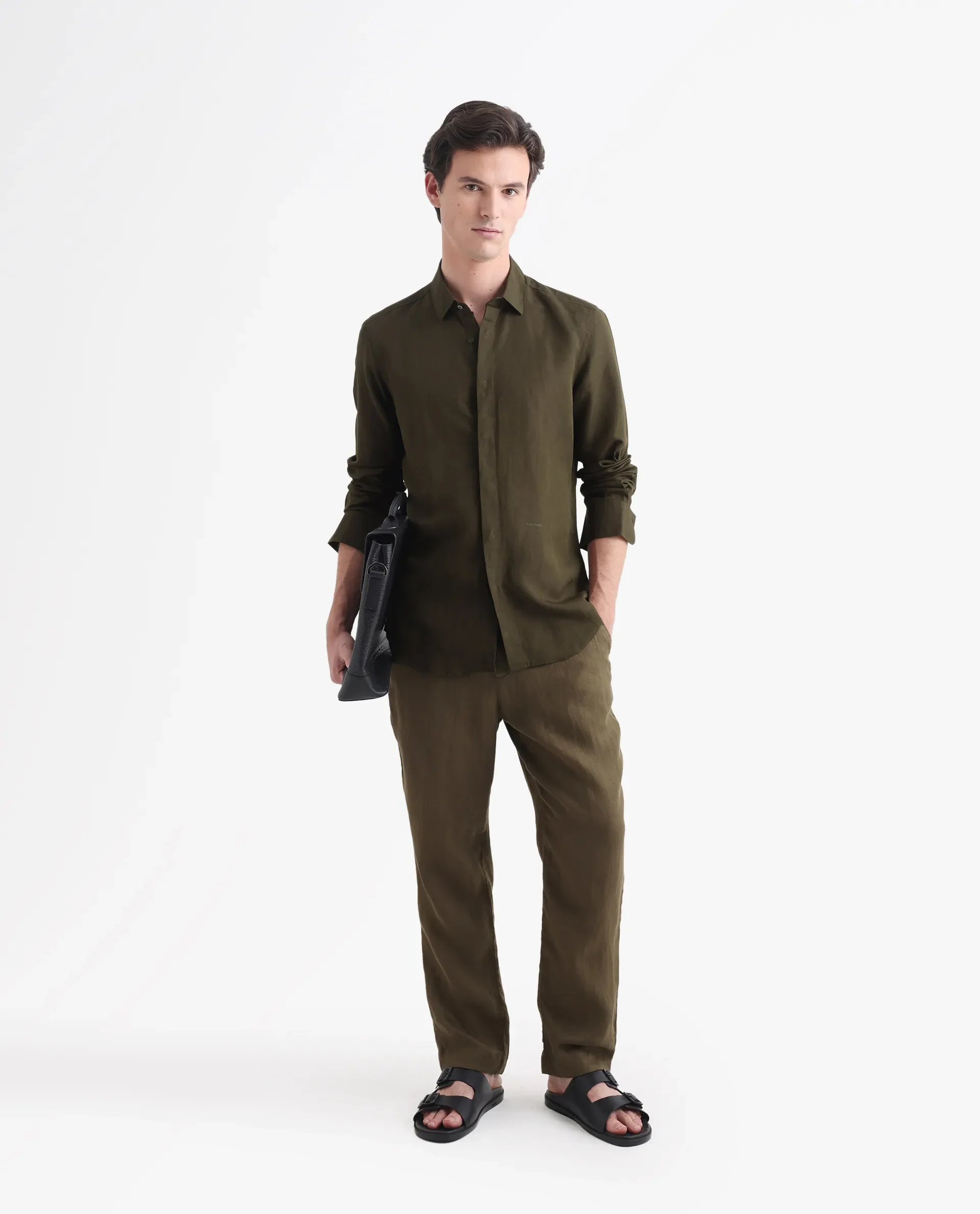 Rare Rabbit Men's Throner Olive Linen Blend Plain Regular Fit Full Sleeve Collared Shirt - Image 2