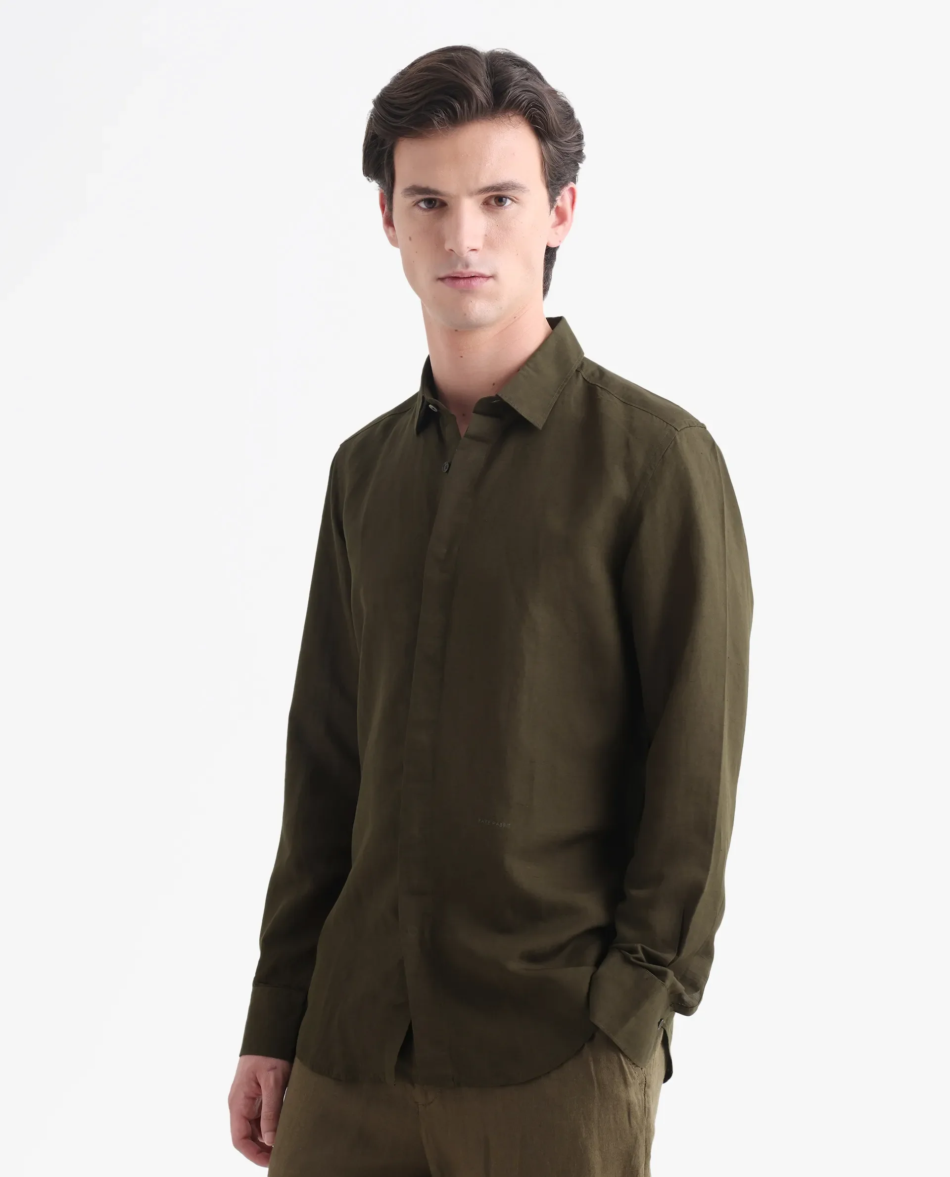 Rare Rabbit Men's Throner Olive Linen Blend Plain Regular Fit Full Sleeve Collared Shirt - Image 4