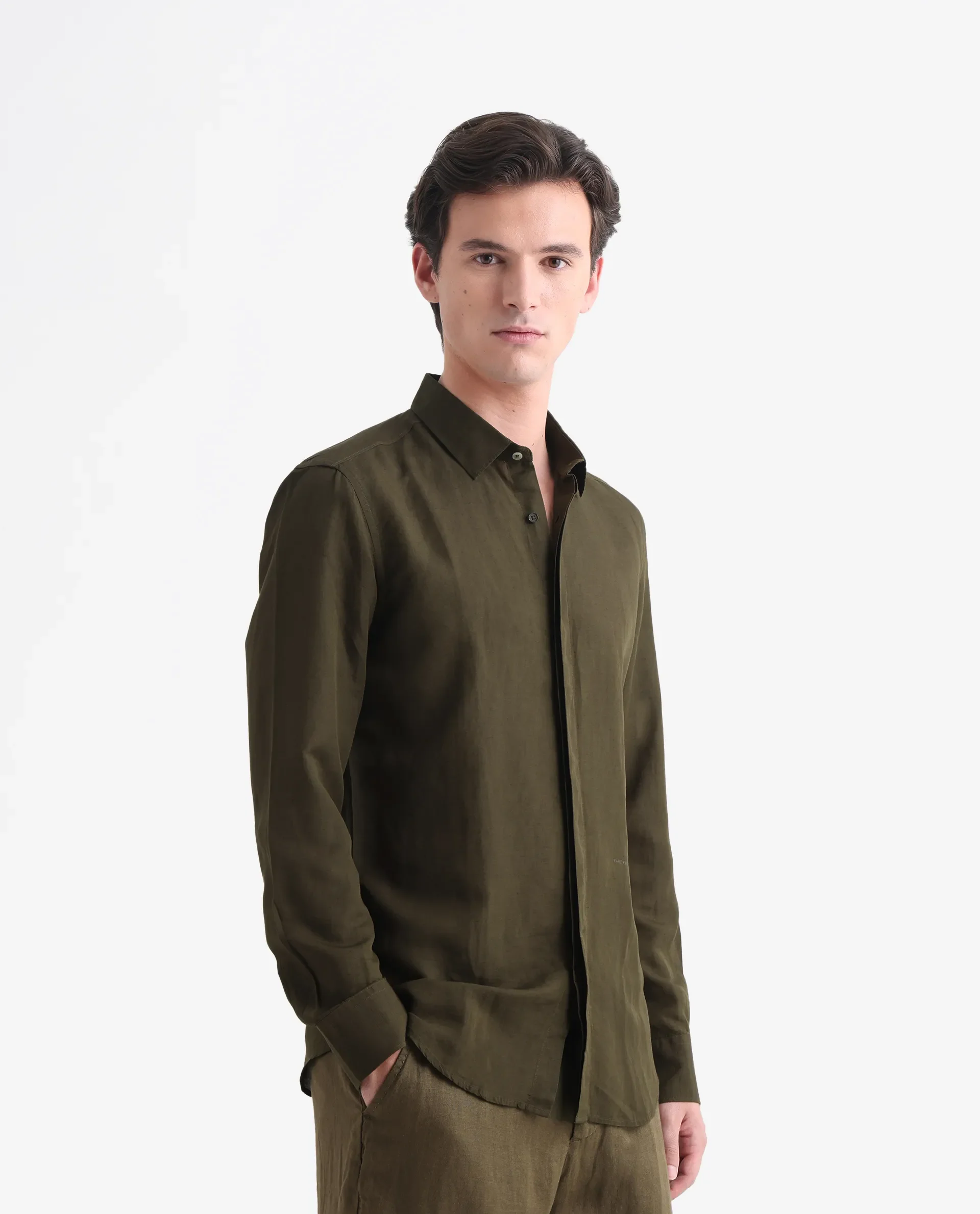 Rare Rabbit Men's Throner Olive Linen Blend Plain Regular Fit Full Sleeve Collared Shirt - Image 5