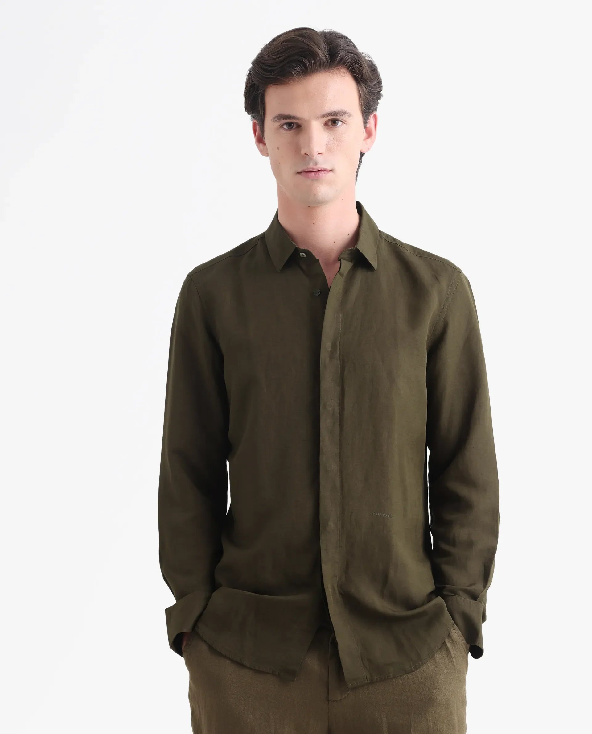 Rare Rabbit Men's Throner Olive Linen Blend Plain Regular Fit Full Sleeve Collared Shirt - Image 6