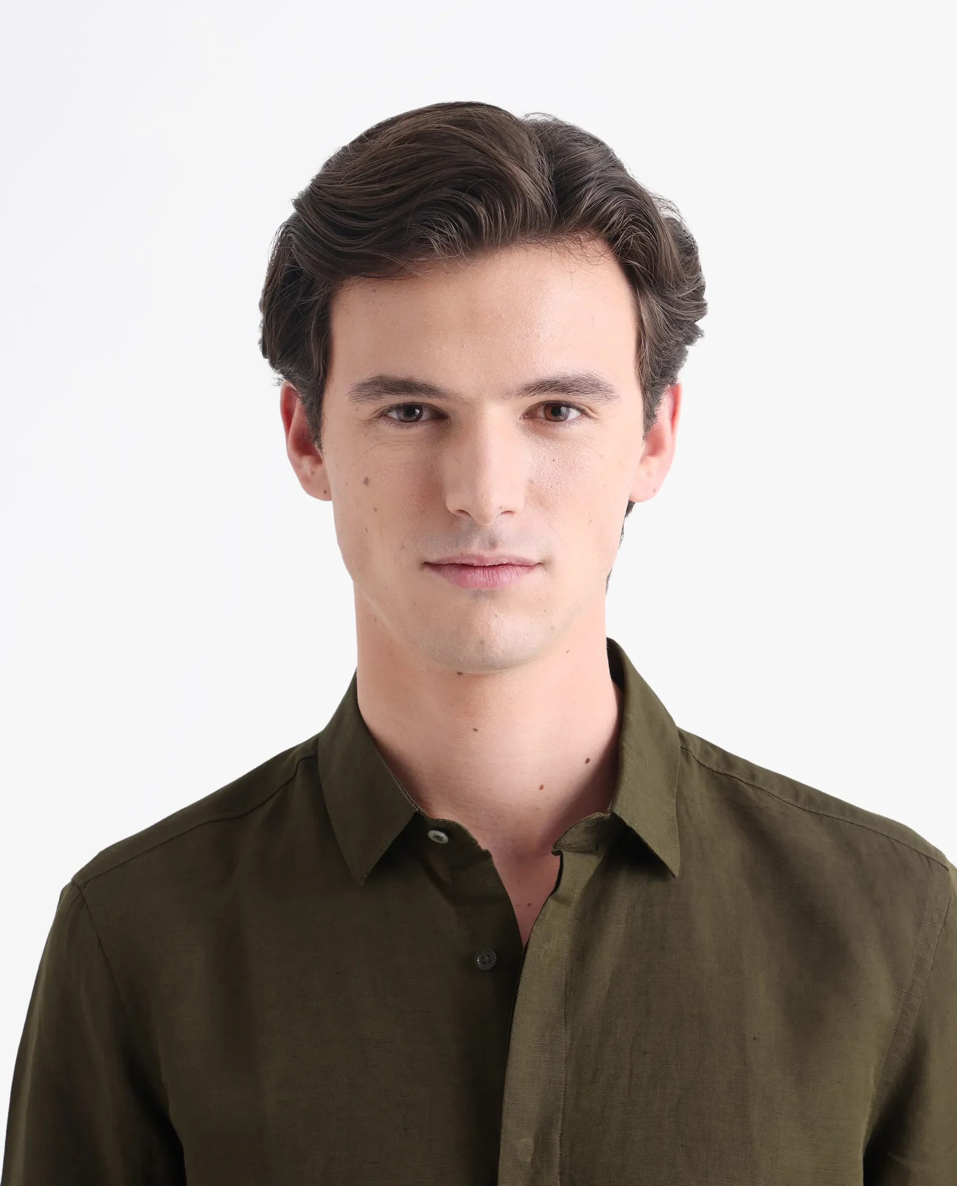Rare Rabbit Men's Throner Olive Linen Blend Plain Regular Fit Full Sleeve Collared Shirt - Image 7