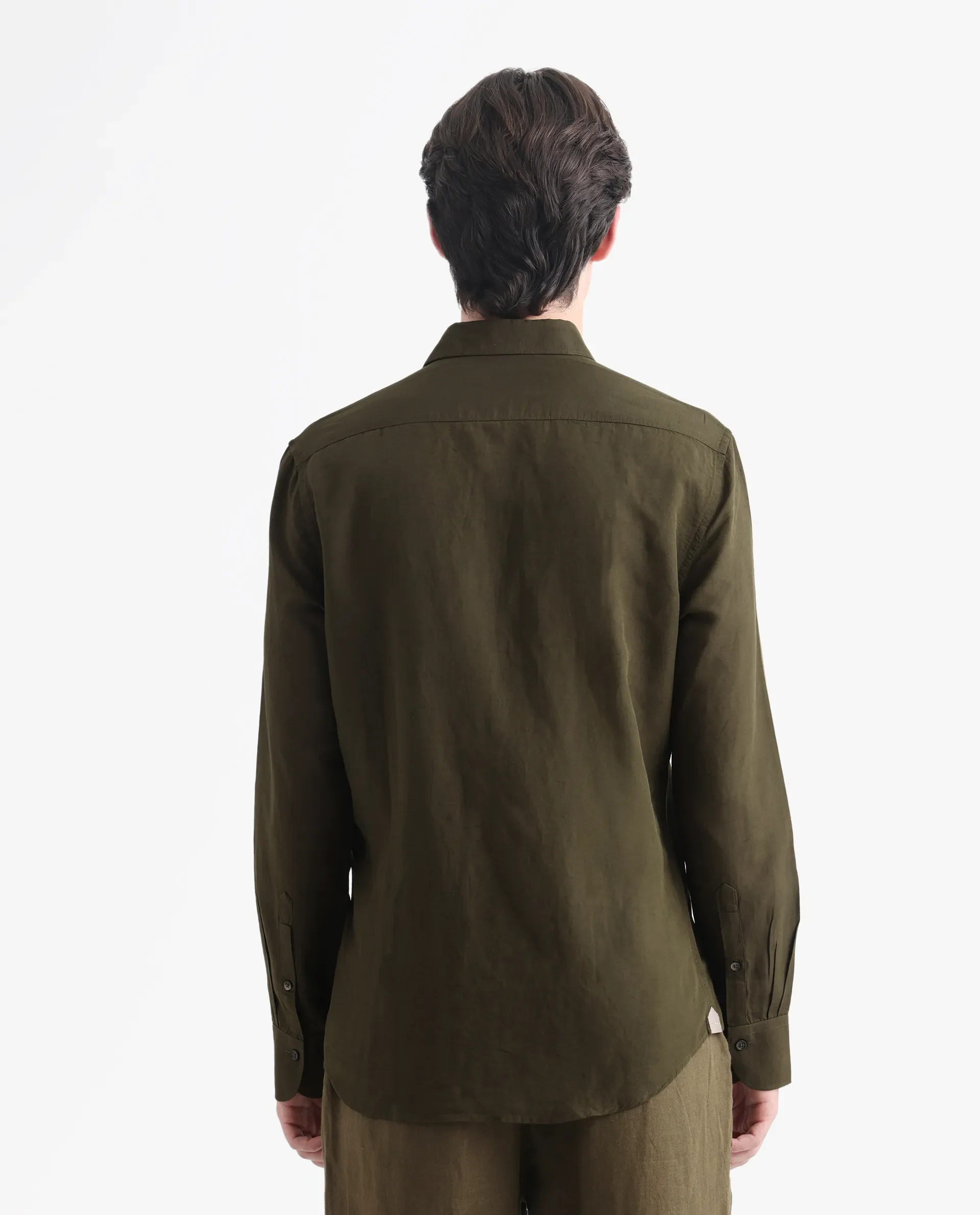 Rare Rabbit Men's Throner Olive Linen Blend Plain Regular Fit Full Sleeve Collared Shirt - Image 8