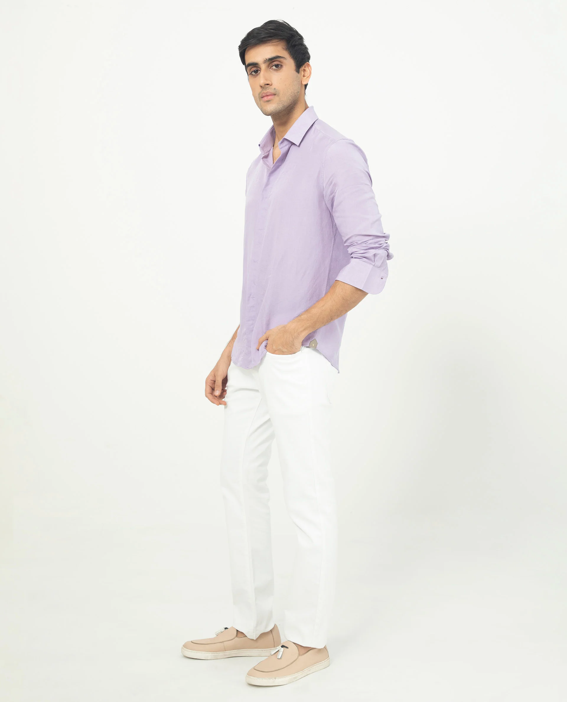 Rare Rabbit Men's Throner Pastel Purple Linen Blend Plain Regular Fit Full Sleeve Collared Shirt - Image 2
