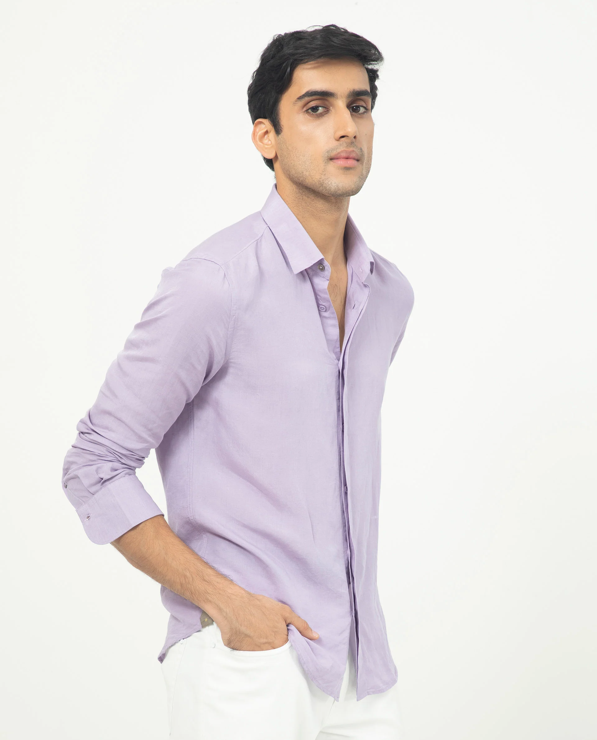 Rare Rabbit Men's Throner Pastel Purple Linen Blend Plain Regular Fit Full Sleeve Collared Shirt - Image 3