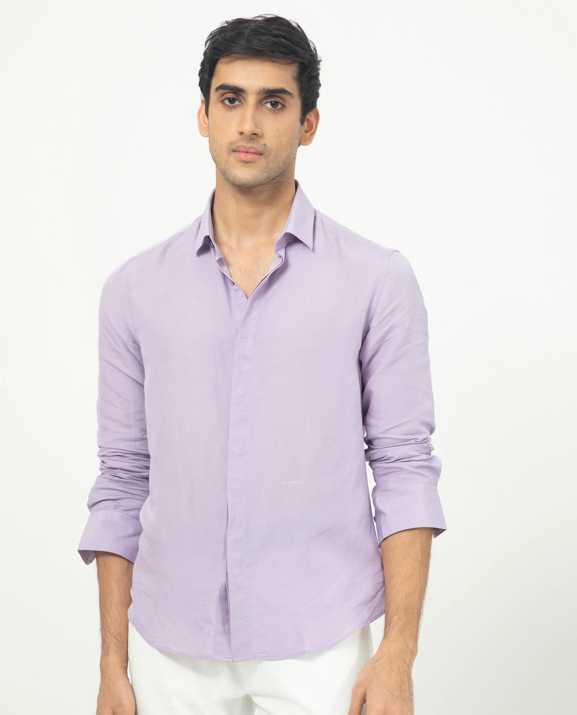 Rare Rabbit Men's Throner Pastel Purple Linen Blend Plain Regular Fit Full Sleeve Collared Shirt - Image 6