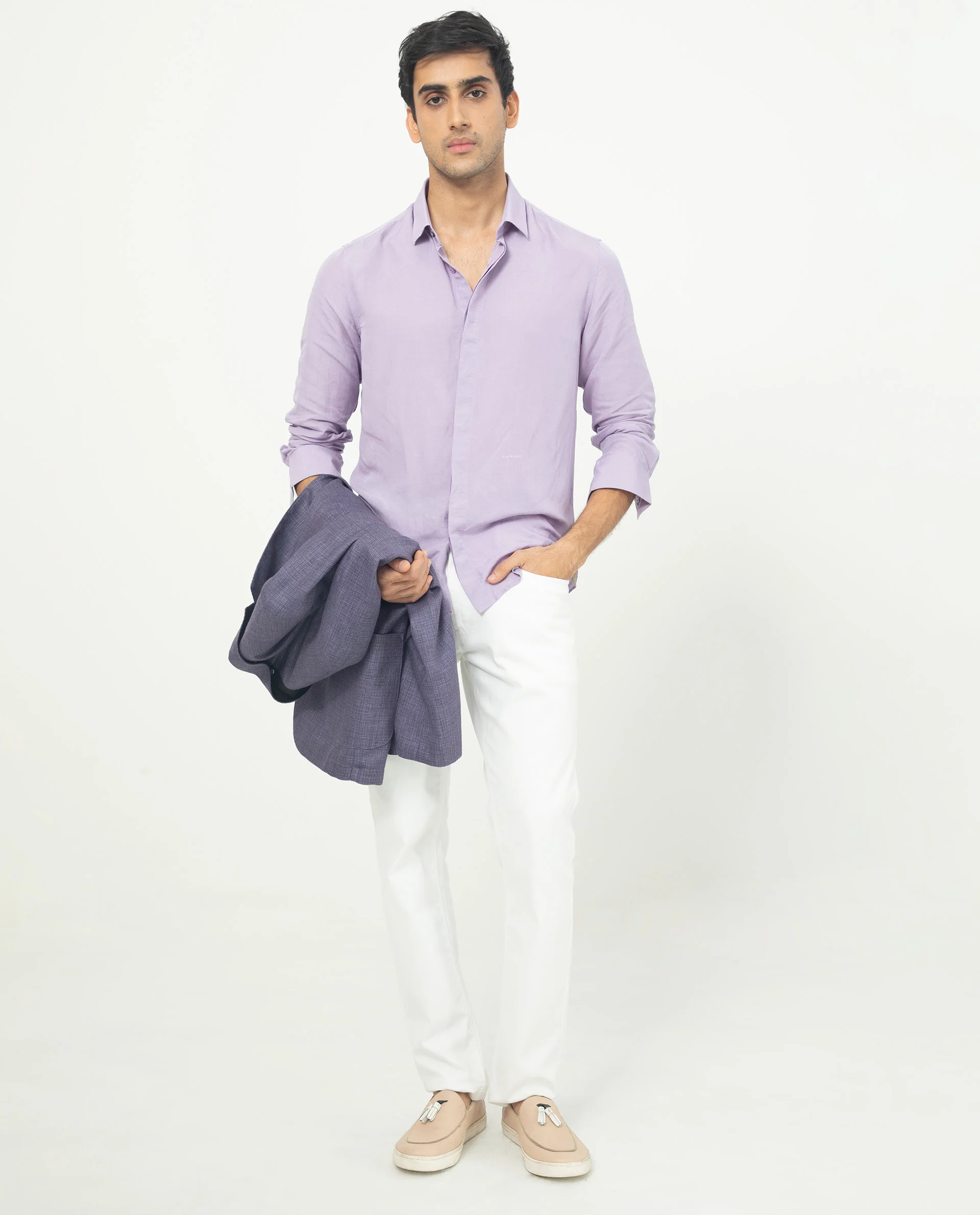 Rare Rabbit Men's Throner Pastel Purple Linen Blend Plain Regular Fit Full Sleeve Collared Shirt - Image 7