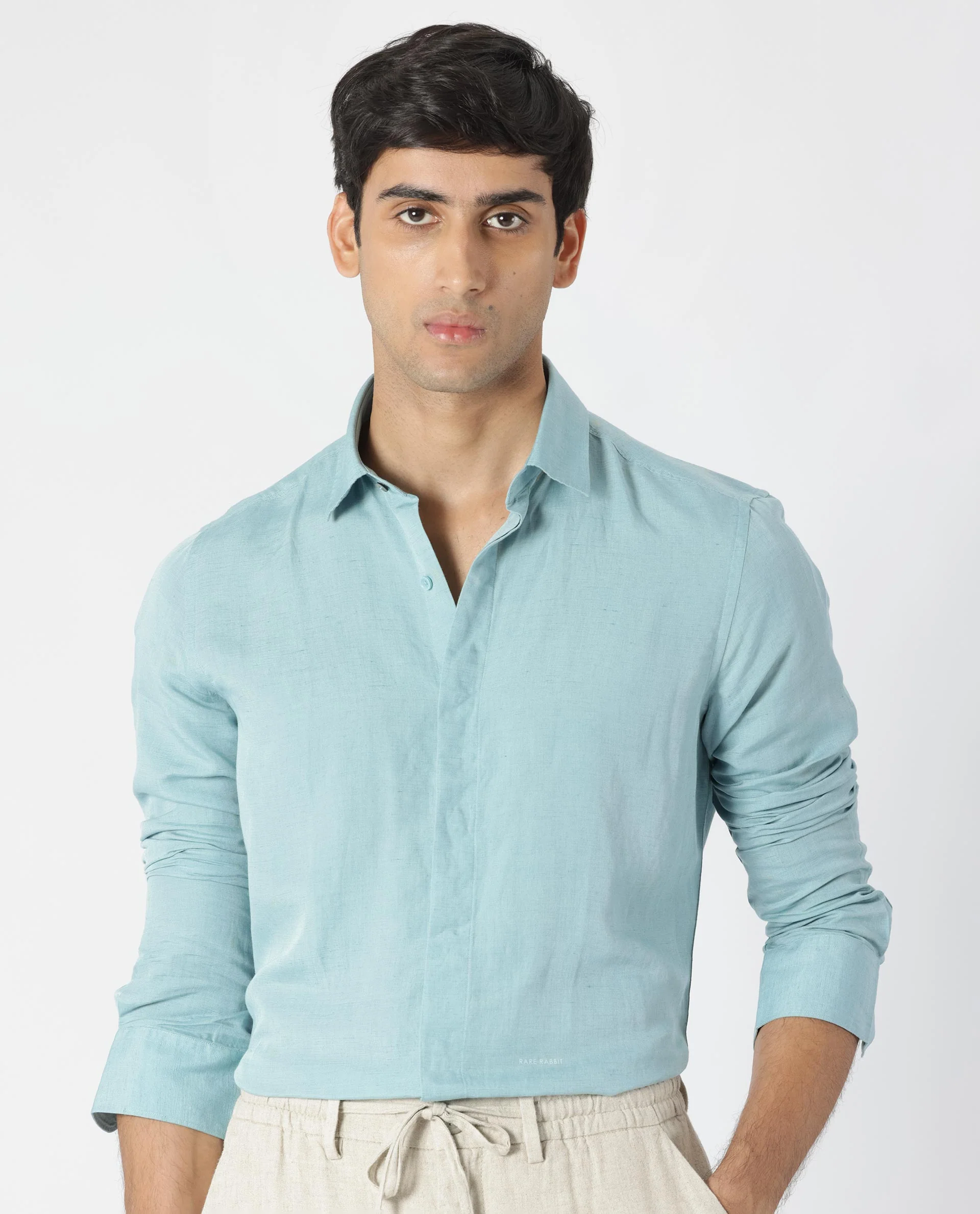 Rare Rabbit Men's Throner Turq Linen Blend Plain Regular Fit Full Sleeve Collared Shirt