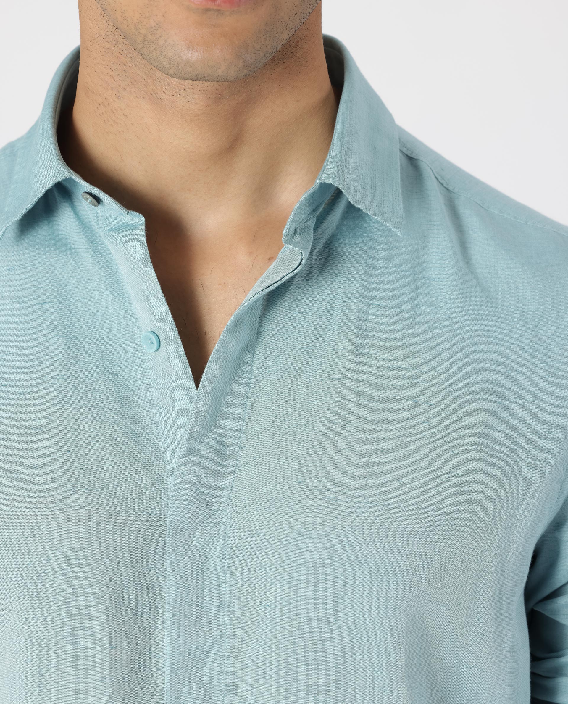 Rare Rabbit Men's Throner Turq Linen Blend Plain Regular Fit Full Sleeve Collared Shirt - Image 3