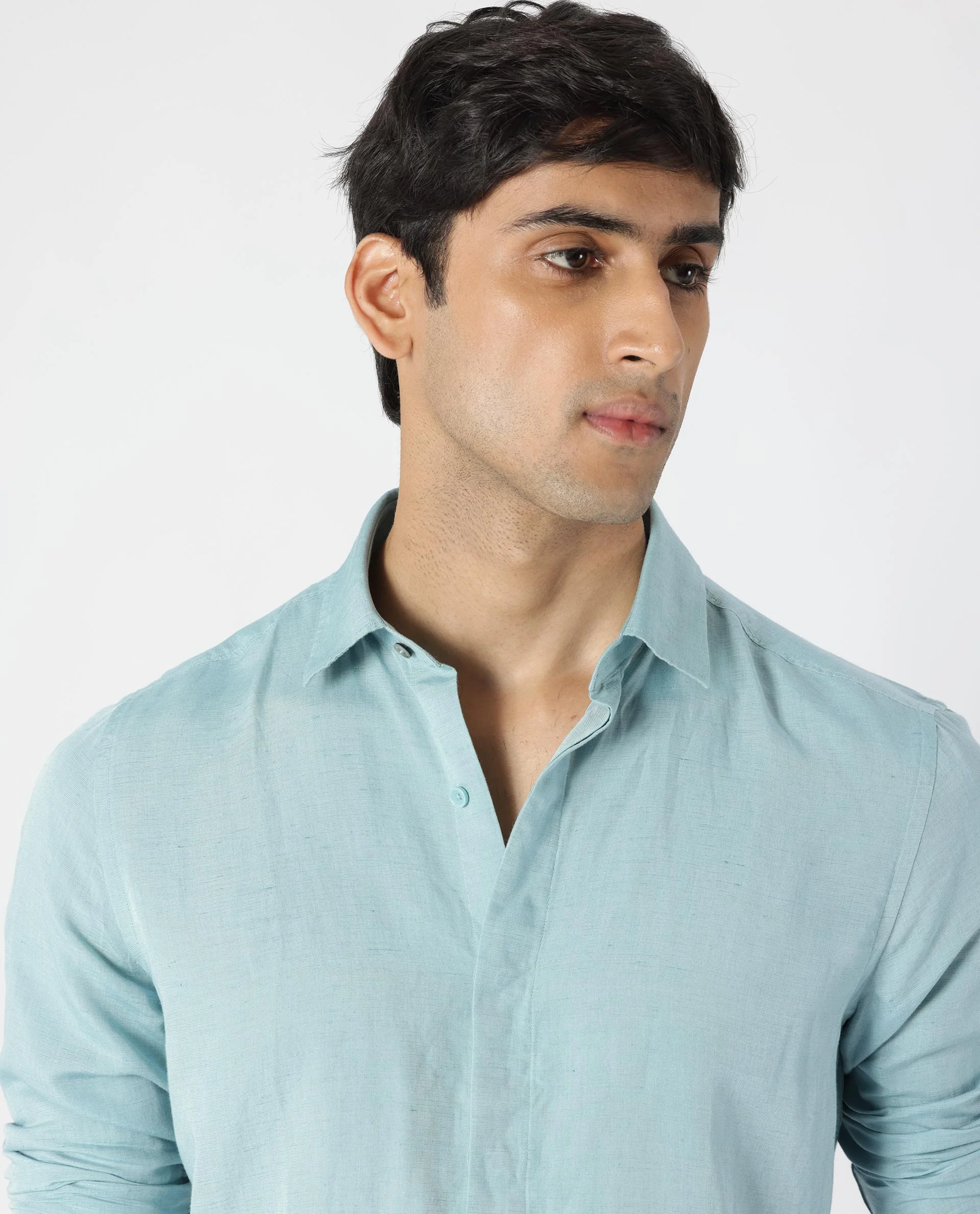 Rare Rabbit Men's Throner Turq Linen Blend Plain Regular Fit Full Sleeve Collared Shirt - Image 5