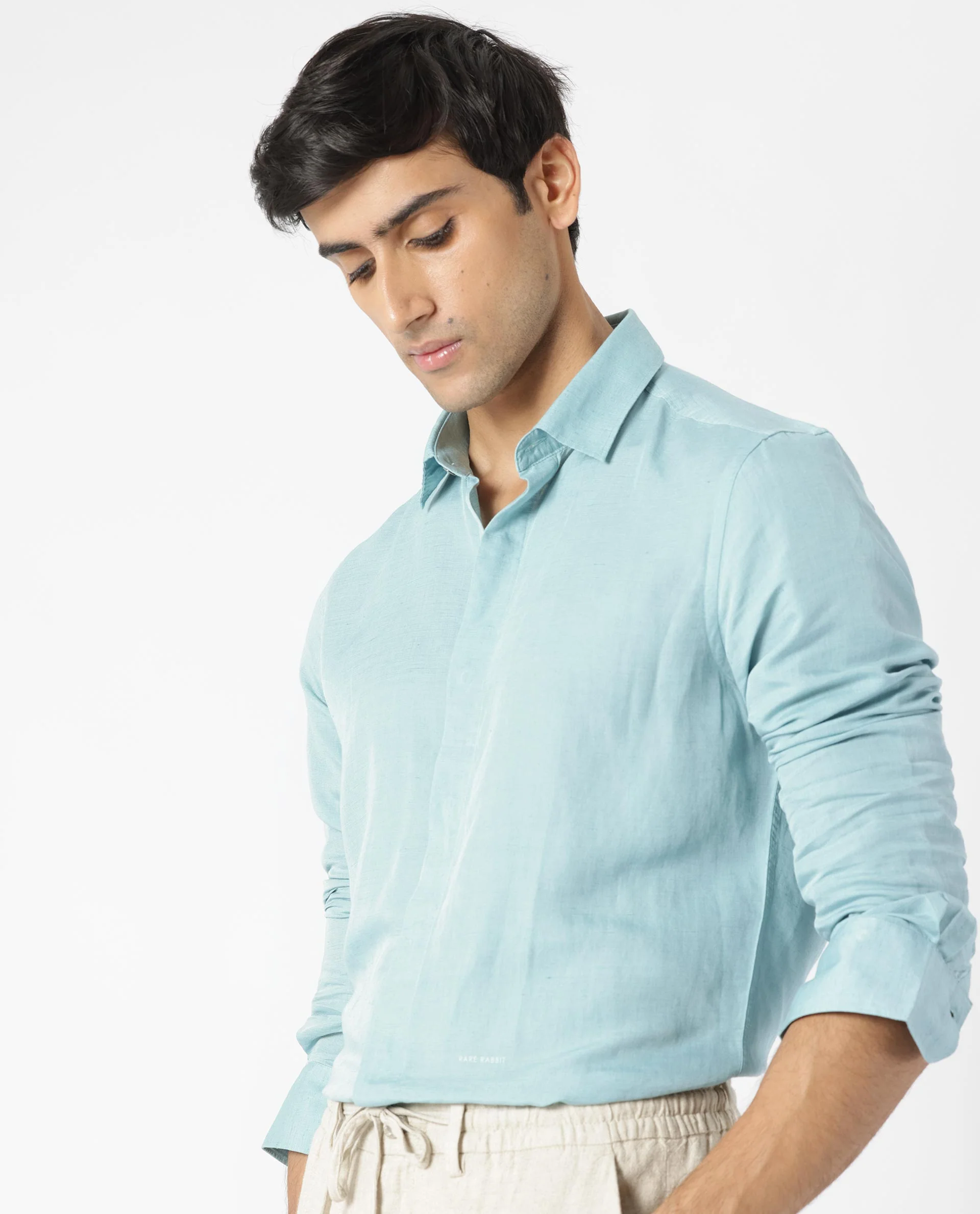 Rare Rabbit Men's Throner Turq Linen Blend Plain Regular Fit Full Sleeve Collared Shirt - Image 6