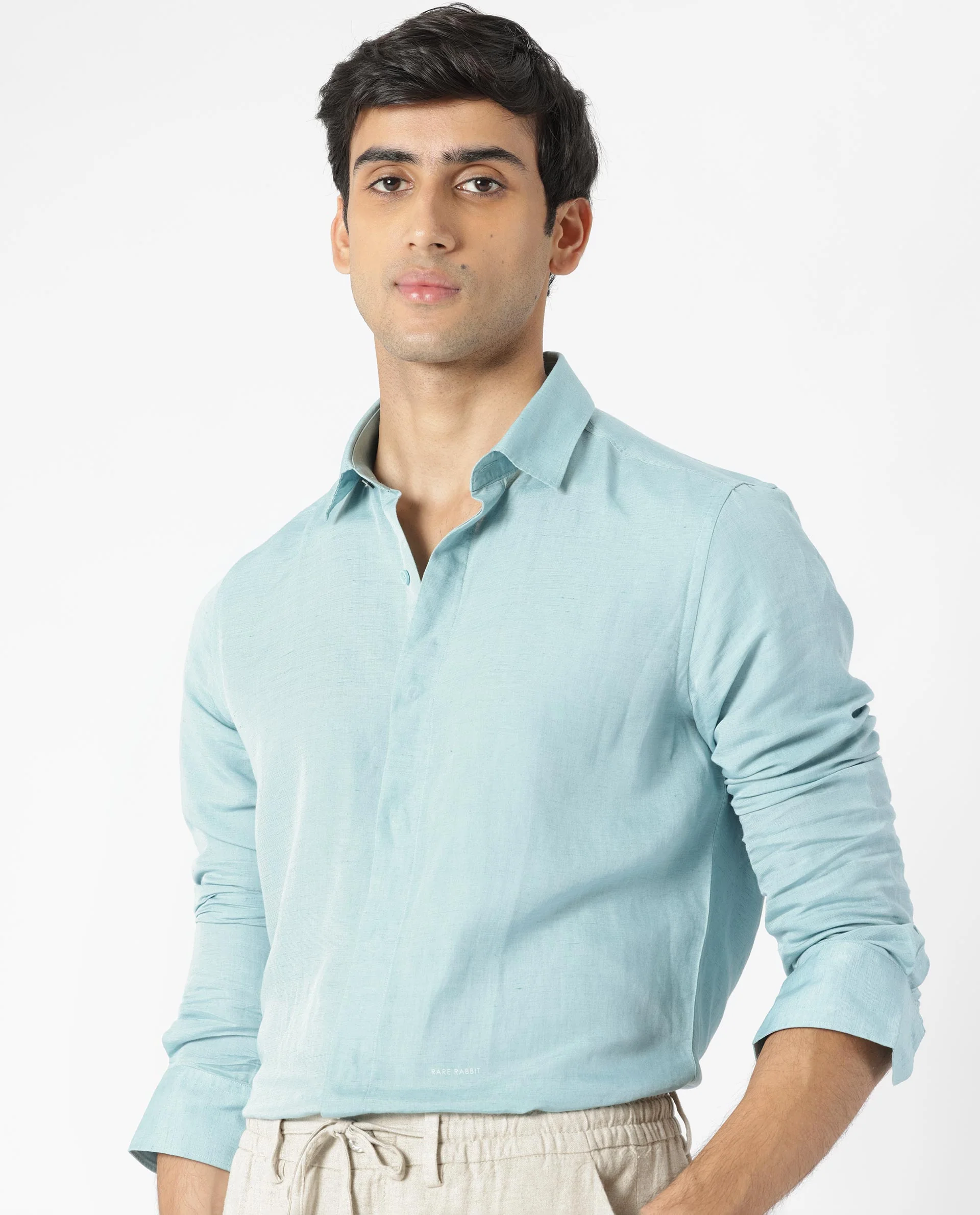 Rare Rabbit Men's Throner Turq Linen Blend Plain Regular Fit Full Sleeve Collared Shirt - Image 7