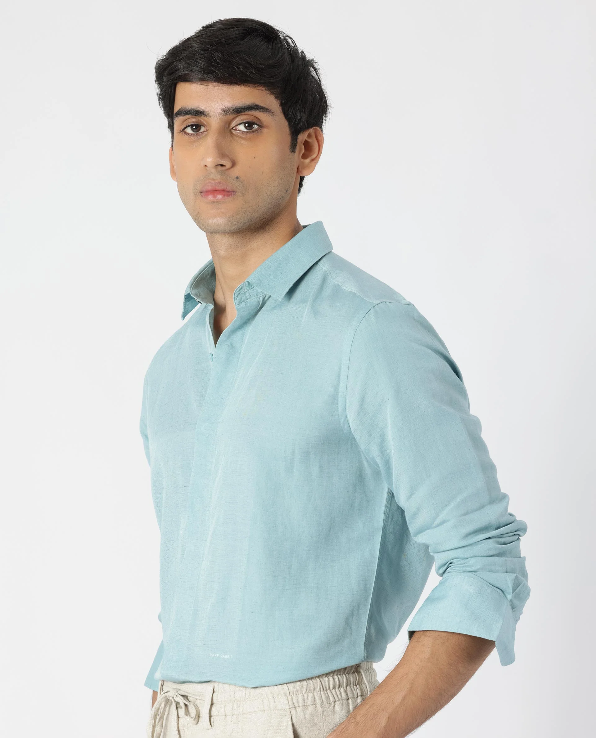 Rare Rabbit Men's Throner Turq Linen Blend Plain Regular Fit Full Sleeve Collared Shirt - Image 8