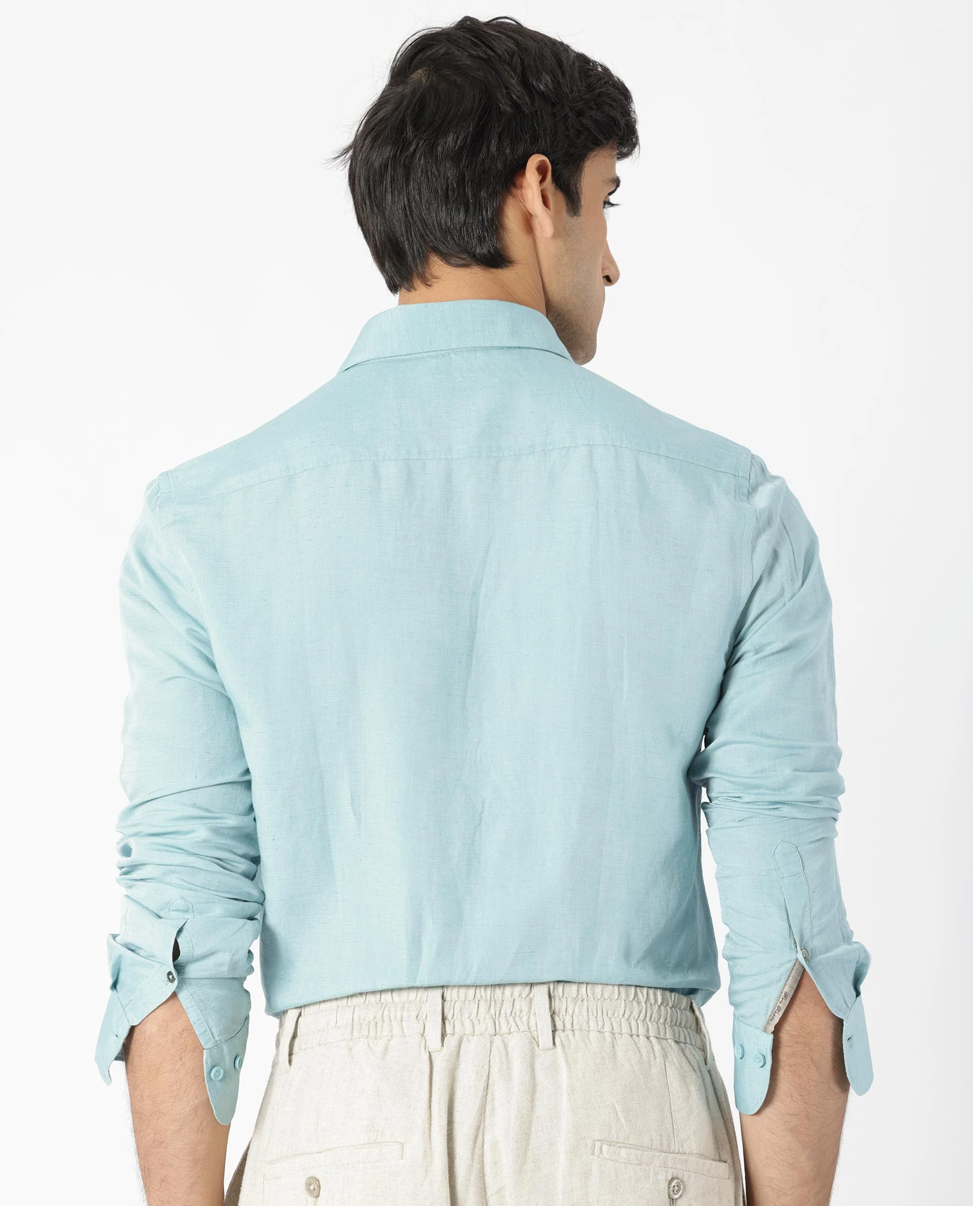 Rare Rabbit Men's Throner Turq Linen Blend Plain Regular Fit Full Sleeve Collared Shirt - Image 9
