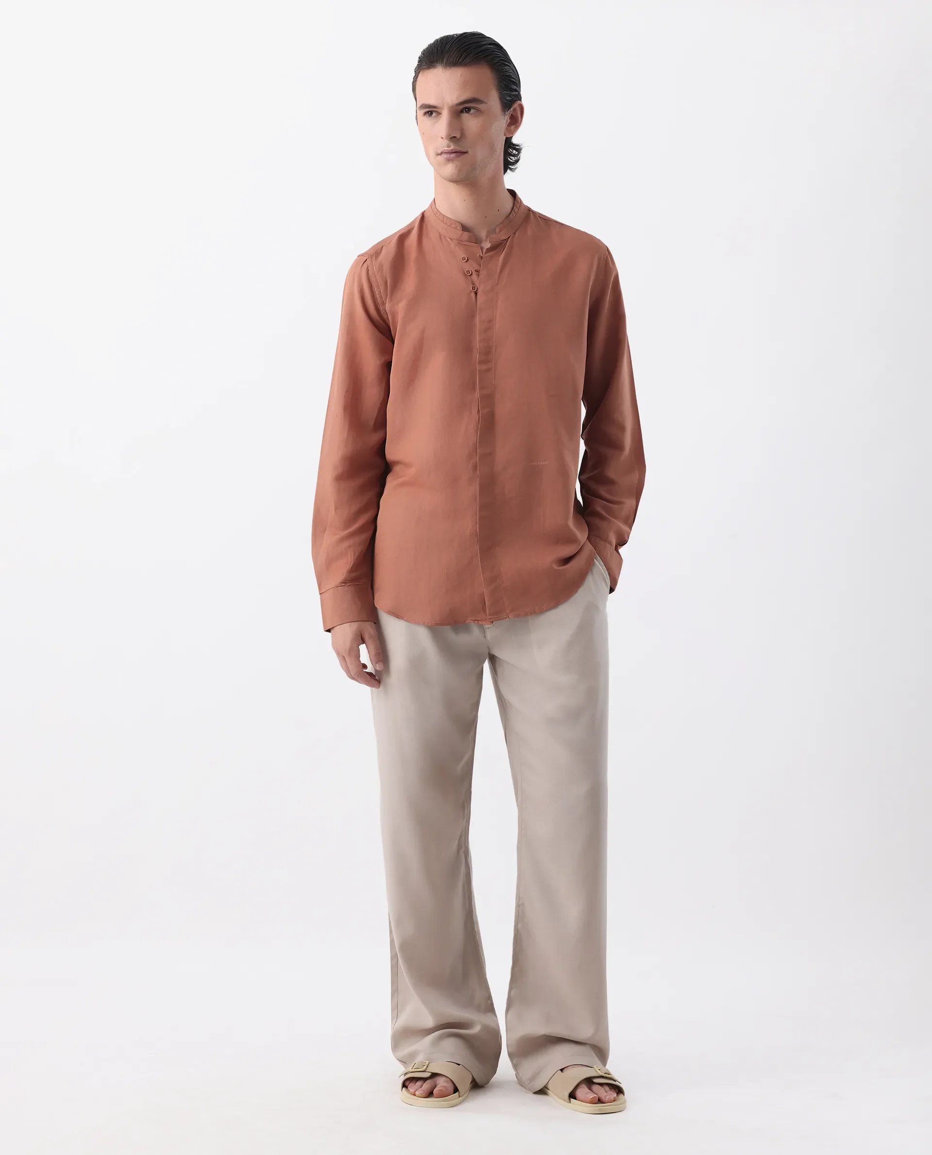 Rare Rabbit Men's Thrones Peach 100% Linen Plain Regular Fit Full Sleeve Mandarin Collar Shirt - Image 2