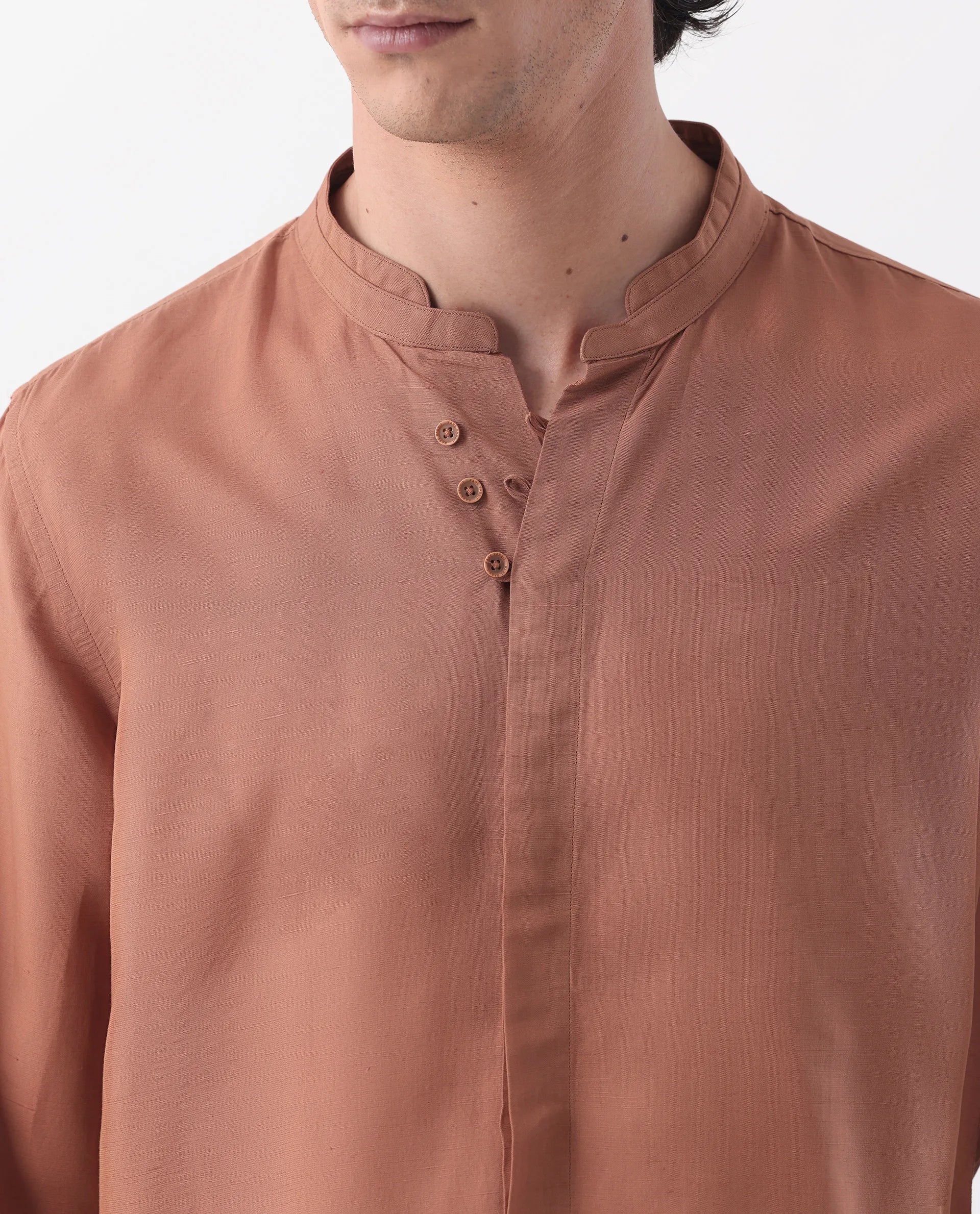 Rare Rabbit Men's Thrones Peach 100% Linen Plain Regular Fit Full Sleeve Mandarin Collar Shirt - Image 3