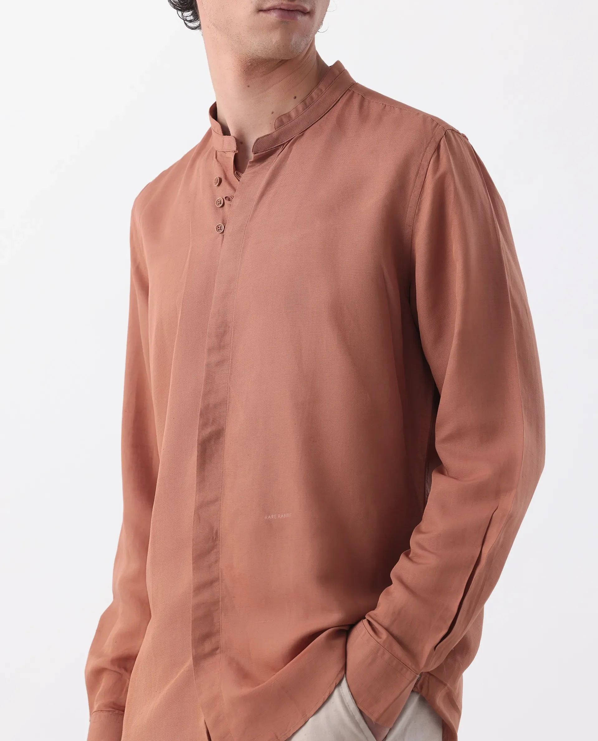 Rare Rabbit Men's Thrones Peach 100% Linen Plain Regular Fit Full Sleeve Mandarin Collar Shirt - Image 4