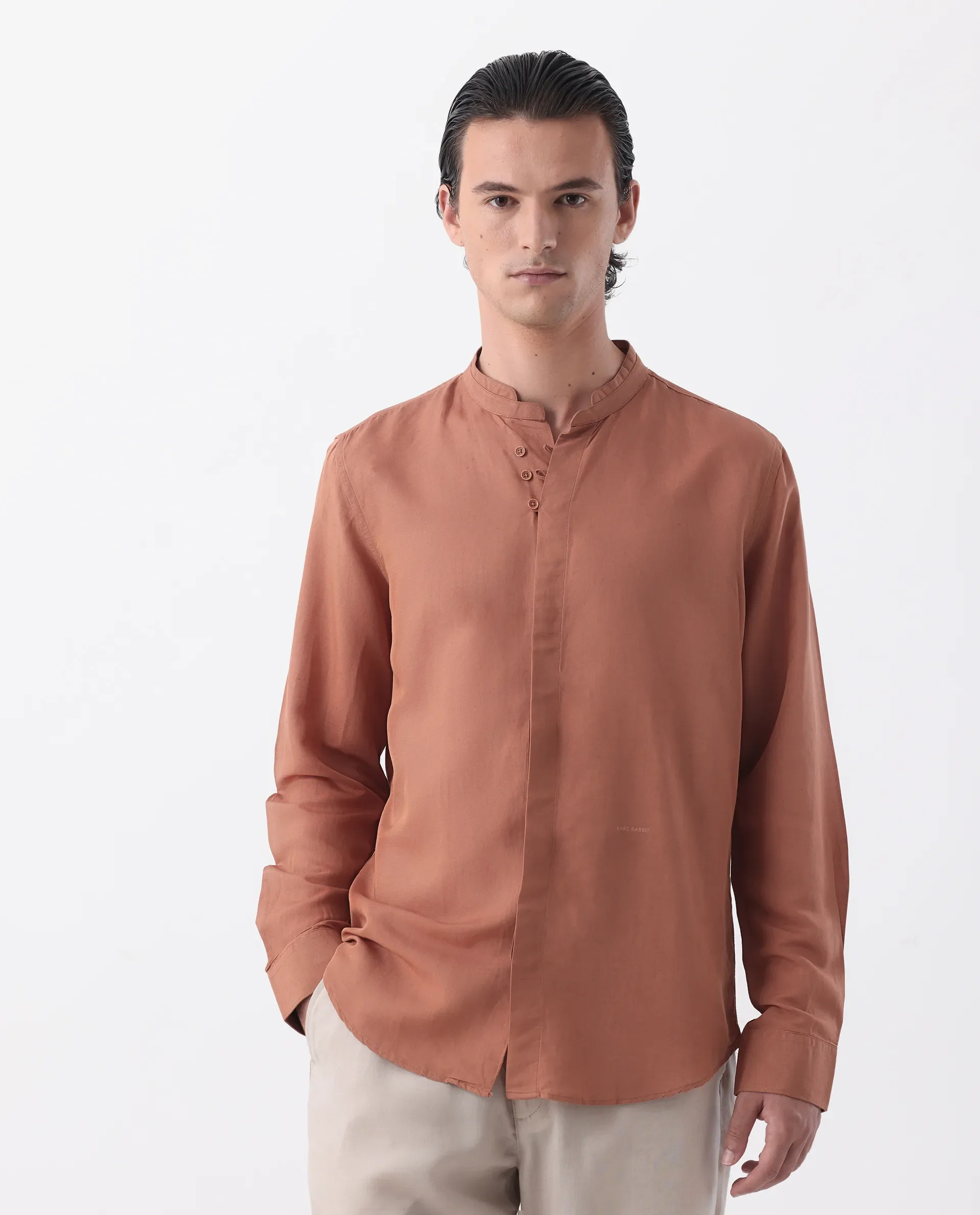 Rare Rabbit Men's Thrones Peach 100% Linen Plain Regular Fit Full Sleeve Mandarin Collar Shirt - Image 5