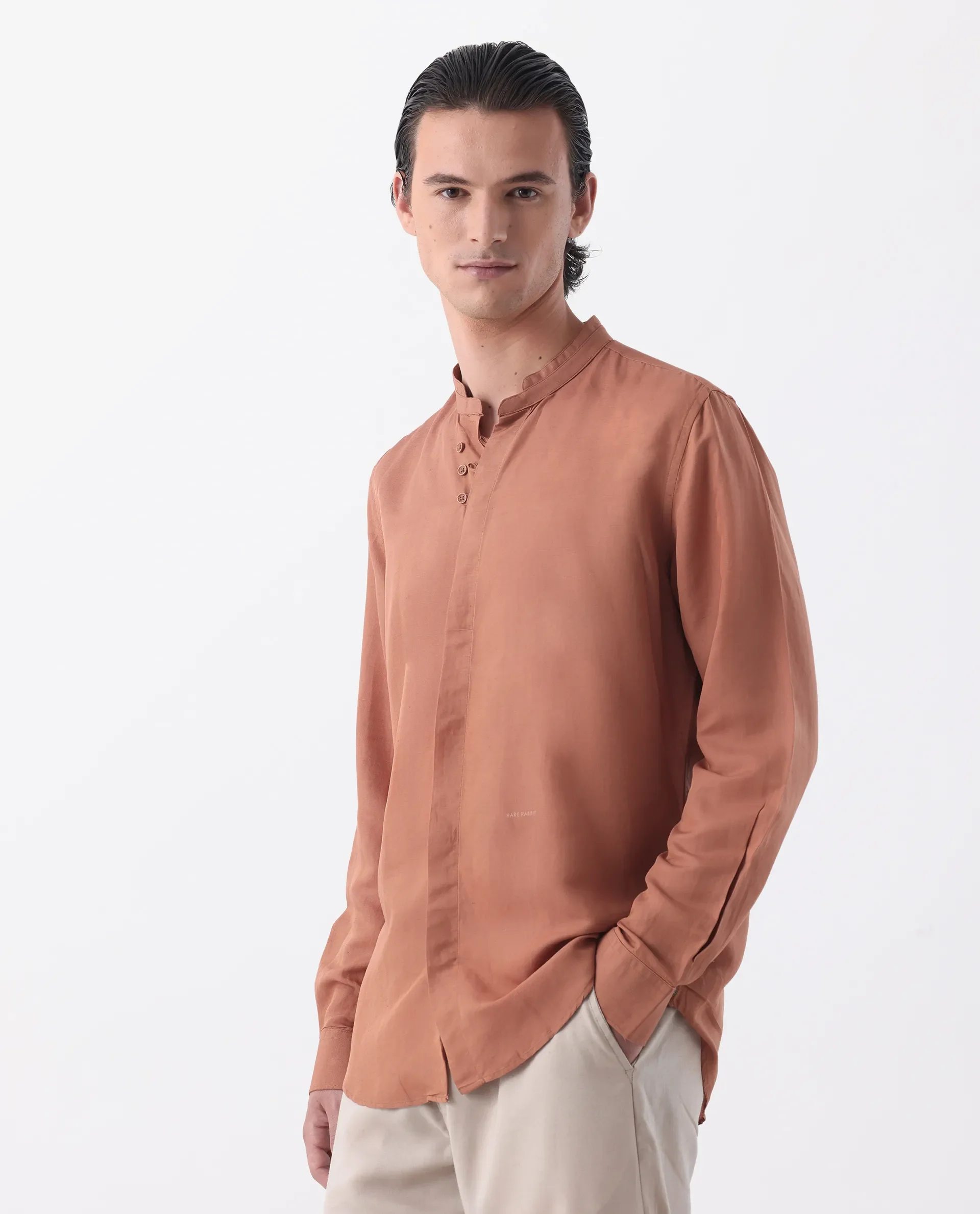 Rare Rabbit Men's Thrones Peach 100% Linen Plain Regular Fit Full Sleeve Mandarin Collar Shirt - Image 6