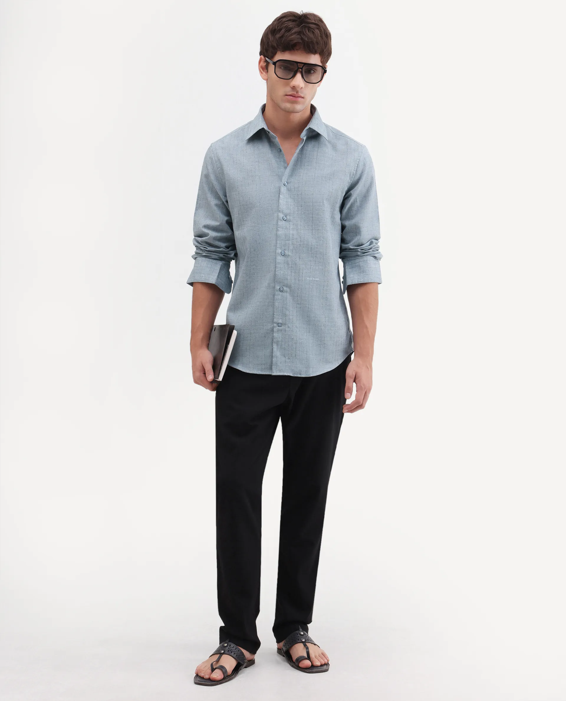 Rare Rabbit Men's Throt Dusky Blue Cotton Blend Fabric Spread Collar Regular Fit Checked Shirt - Image 2