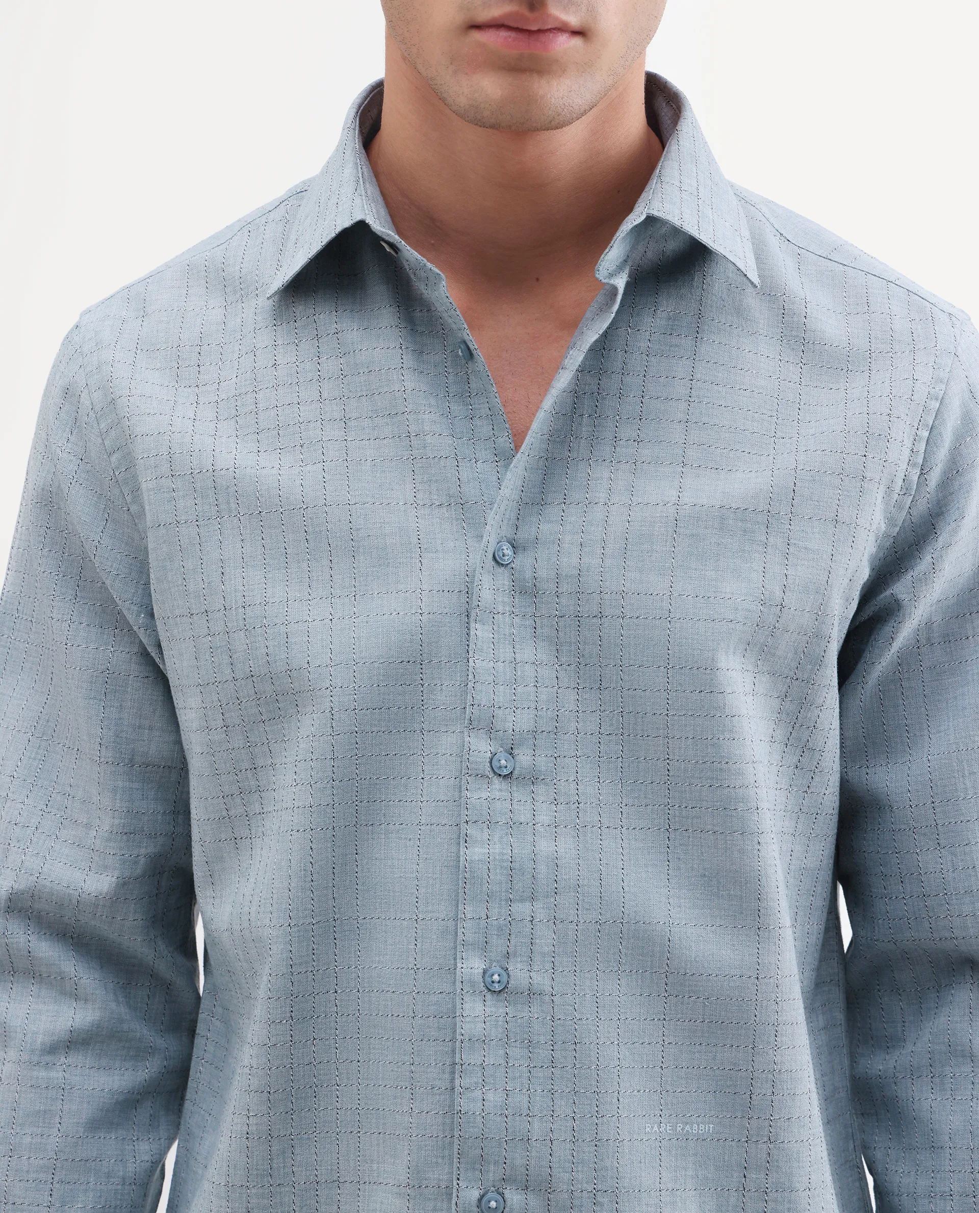 Rare Rabbit Men's Throt Dusky Blue Cotton Blend Fabric Spread Collar Regular Fit Checked Shirt - Image 3