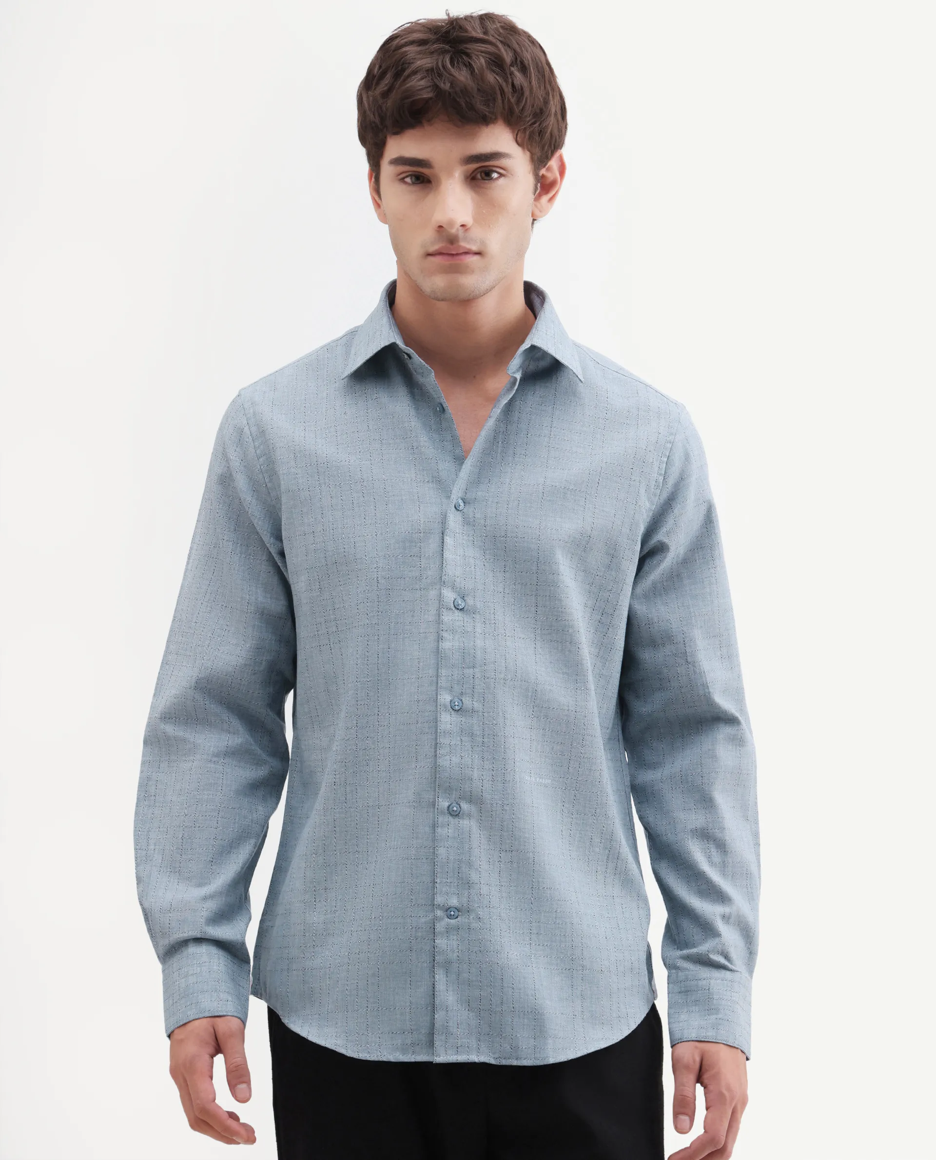Rare Rabbit Men's Throt Dusky Blue Cotton Blend Fabric Spread Collar Regular Fit Checked Shirt - Image 4