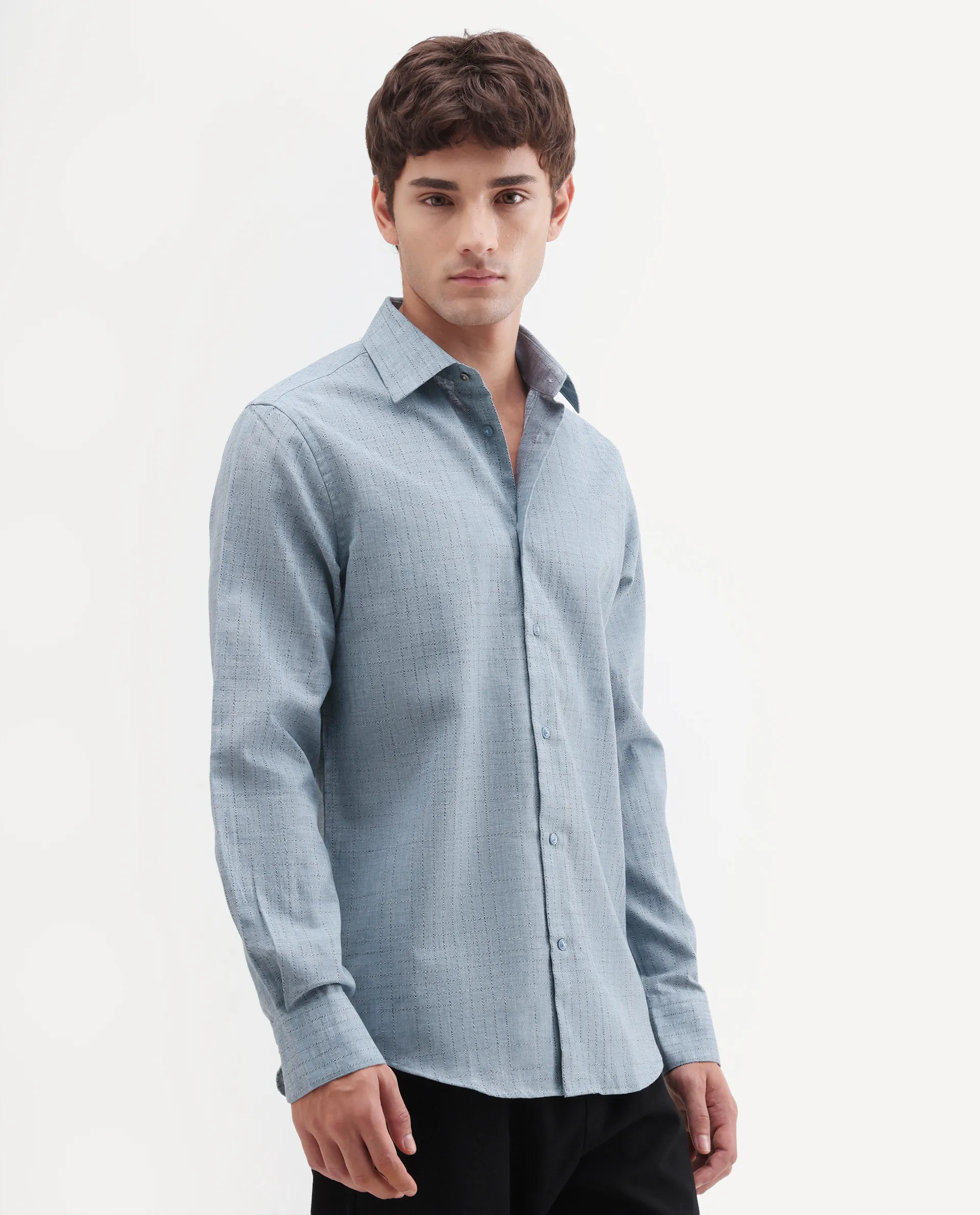 Rare Rabbit Men's Throt Dusky Blue Cotton Blend Fabric Spread Collar Regular Fit Checked Shirt - Image 5