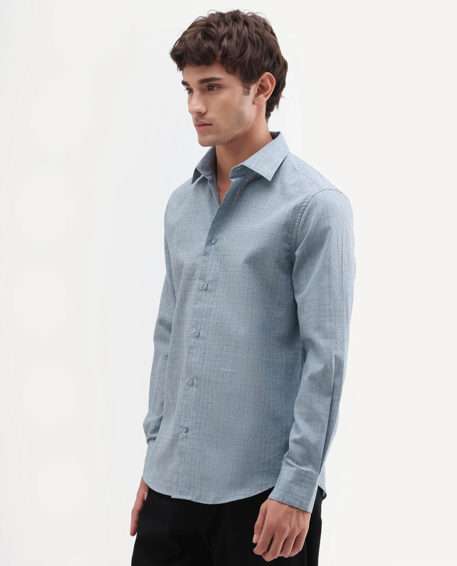 Rare Rabbit Men's Throt Dusky Blue Cotton Blend Fabric Spread Collar Regular Fit Checked Shirt - Image 6