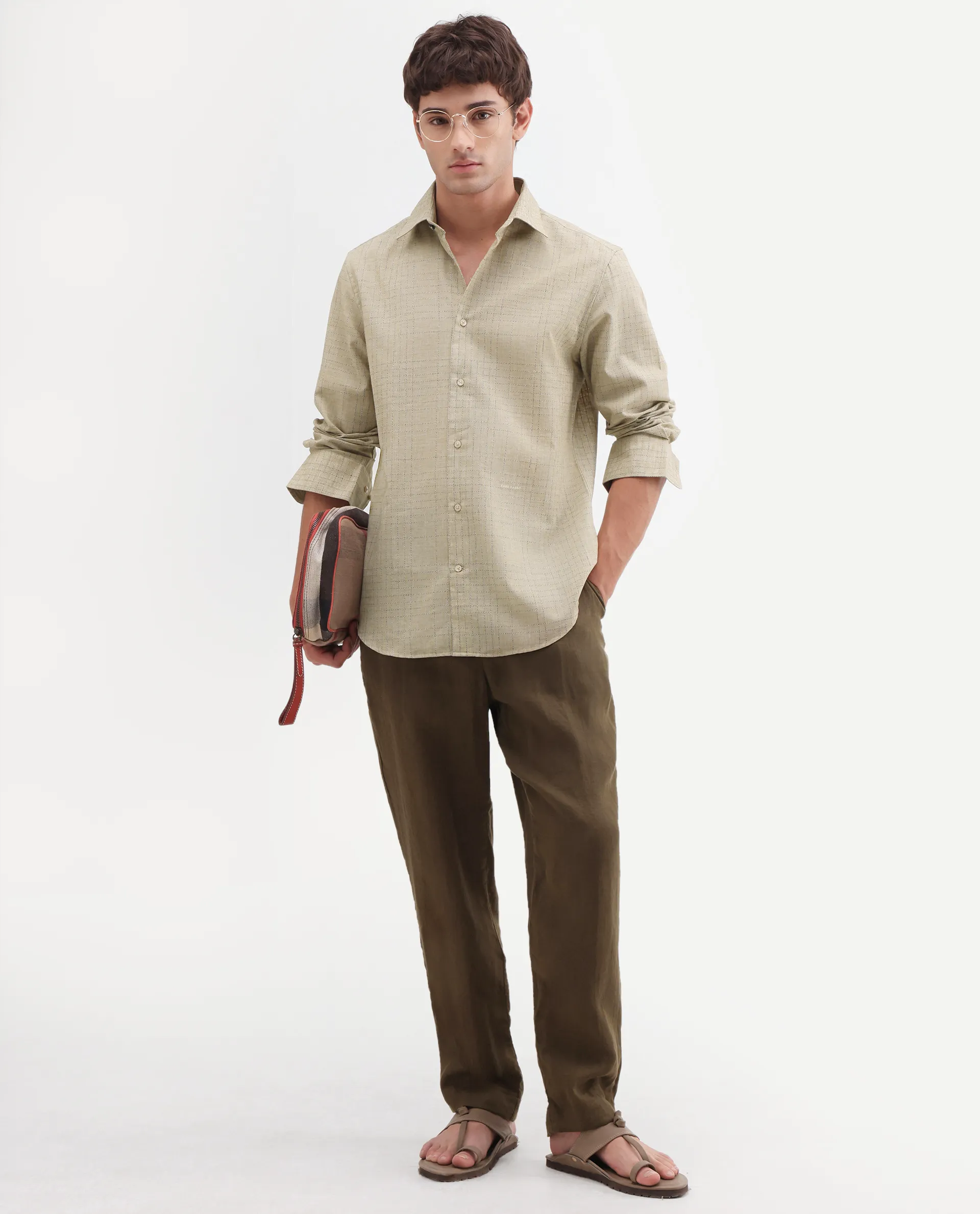 Rare Rabbit Men's Throt Khaki Cotton Blend Fabric Spread Collar Regular Fit Checked Shirt - Image 2