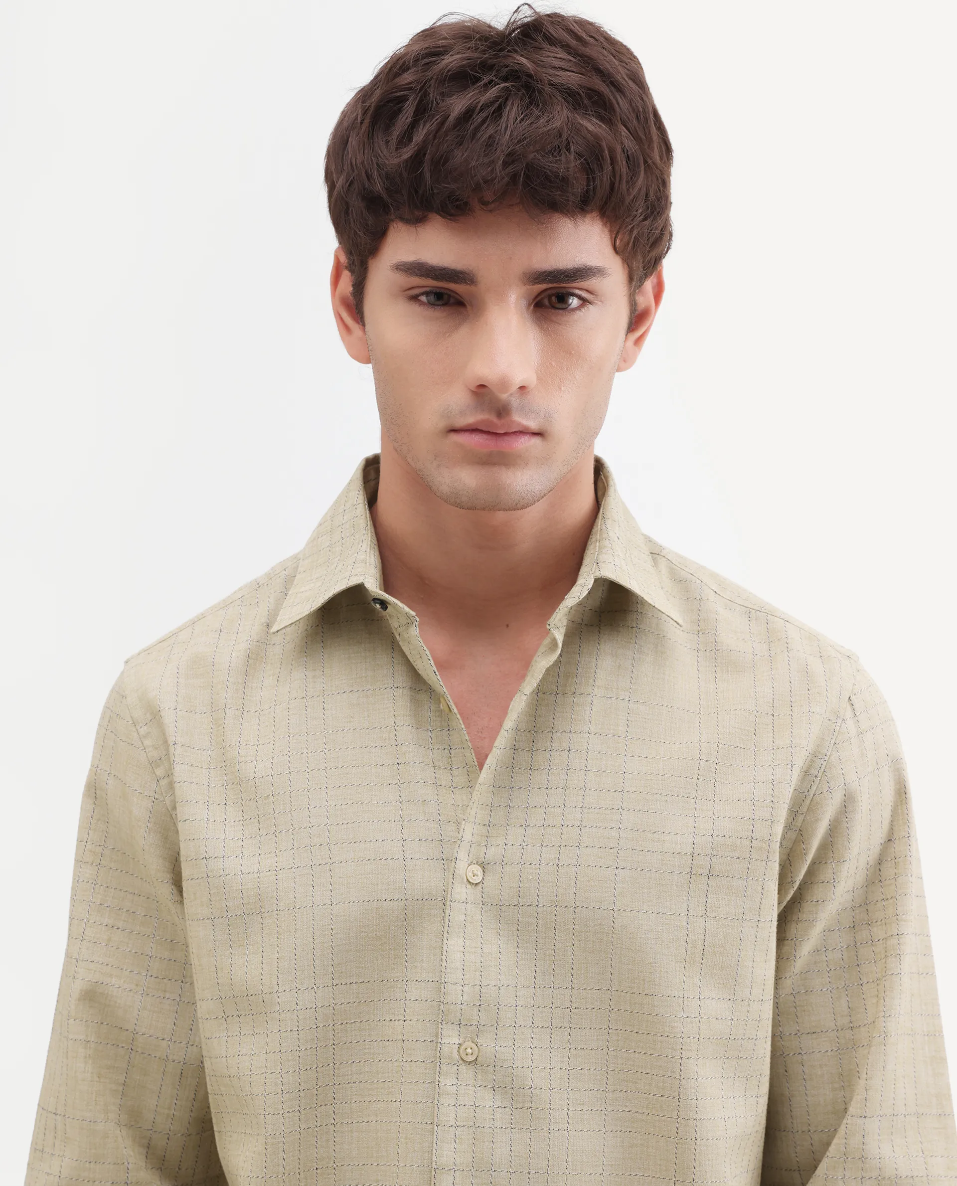 Rare Rabbit Men's Throt Khaki Cotton Blend Fabric Spread Collar Regular Fit Checked Shirt - Image 3