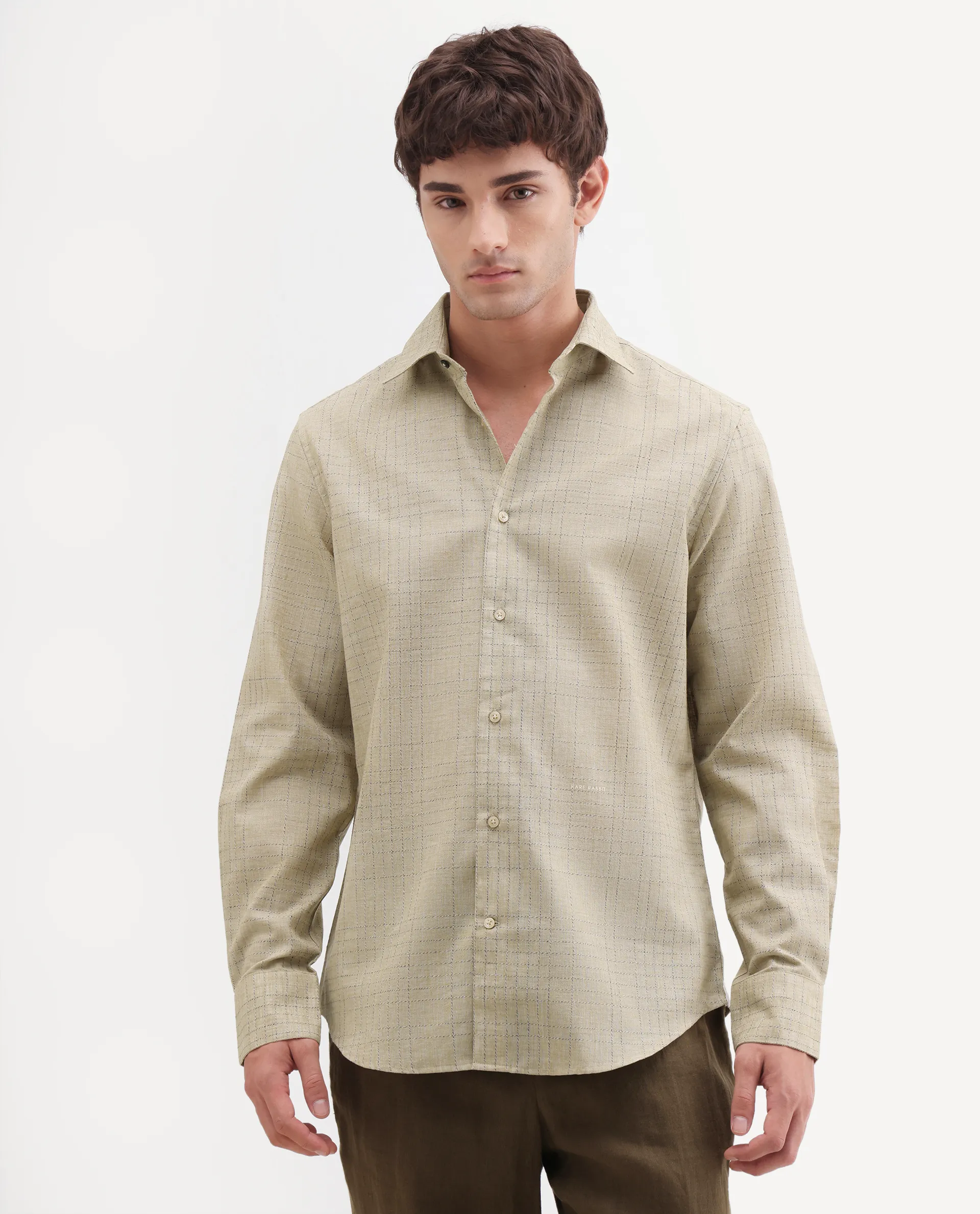 Rare Rabbit Men's Throt Khaki Cotton Blend Fabric Spread Collar Regular Fit Checked Shirt - Image 4