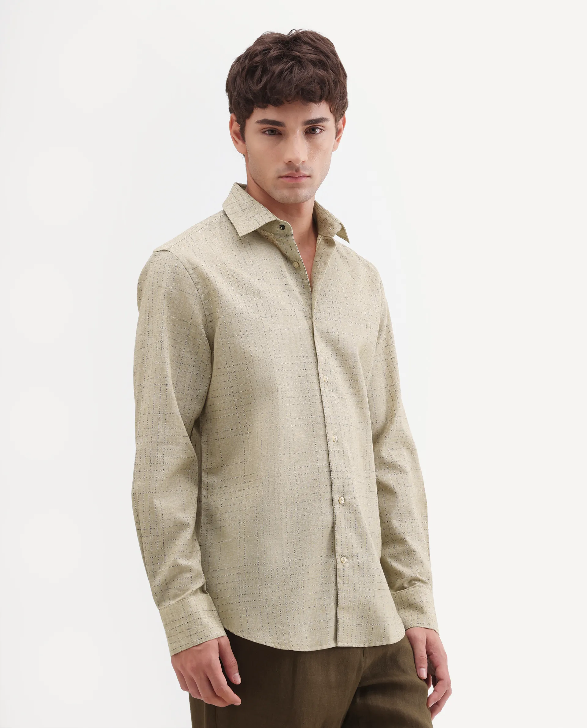 Rare Rabbit Men's Throt Khaki Cotton Blend Fabric Spread Collar Regular Fit Checked Shirt - Image 5