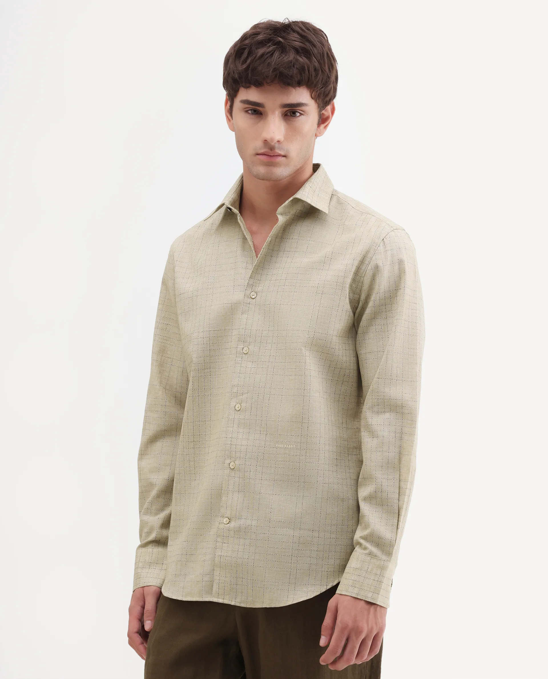 Rare Rabbit Men's Throt Khaki Cotton Blend Fabric Spread Collar Regular Fit Checked Shirt - Image 6