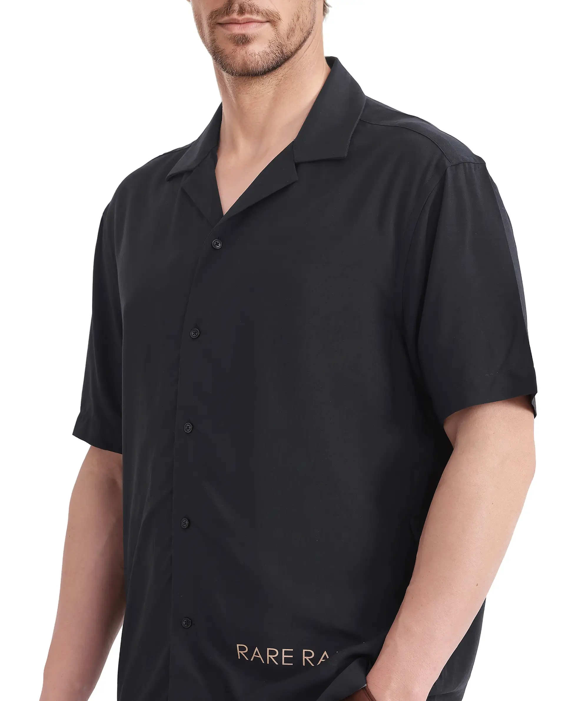 Rare Rabbit Men's Thuban Black Cotton Graphic Print Boxy Fit Full Sleeve Cuban Collar Shirt - Image 4