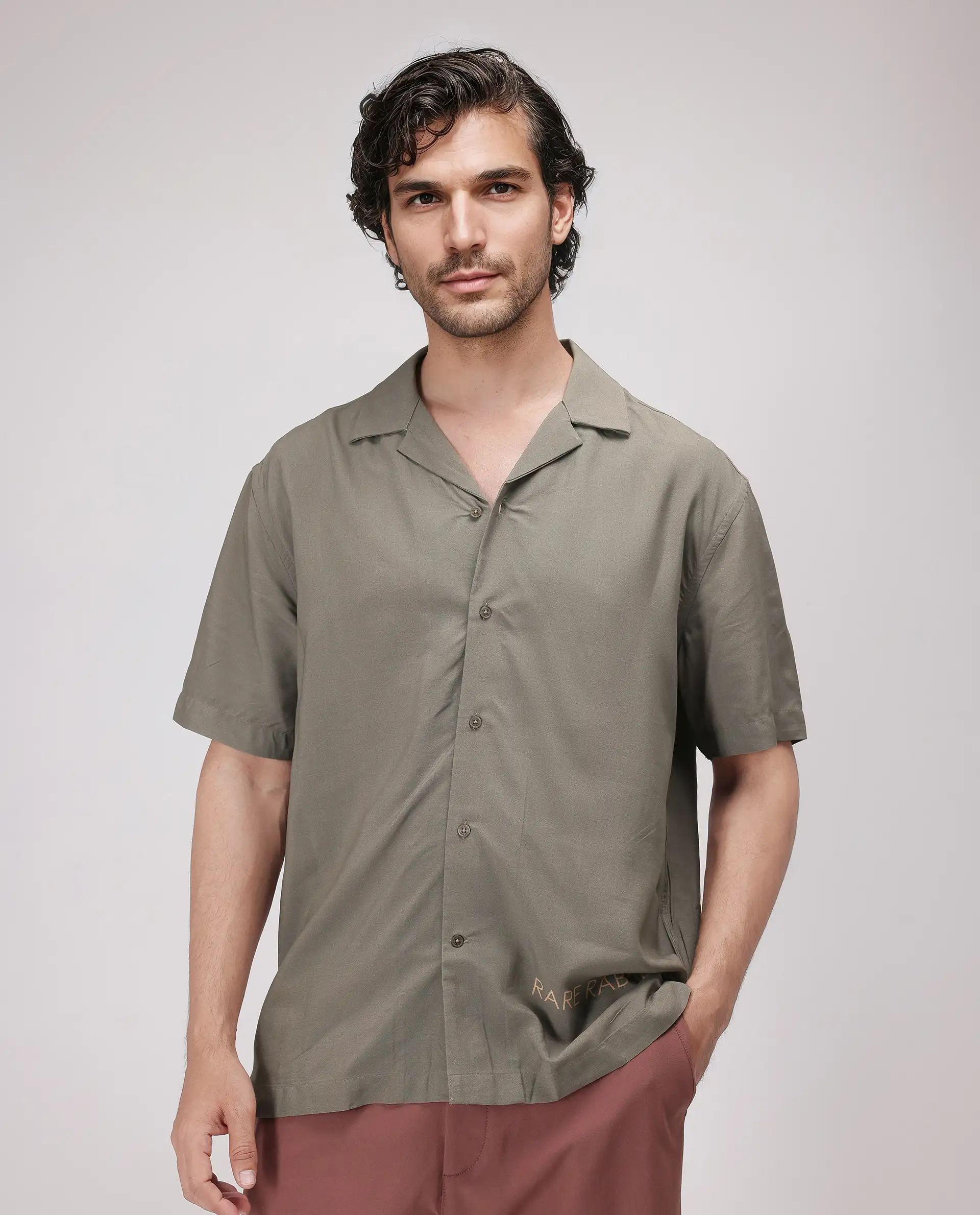 Rare Rabbit Men's Thuban Olive Cotton Graphic Print Boxy Fit Full Sleeve Cuban Collar Shirt - Image 2