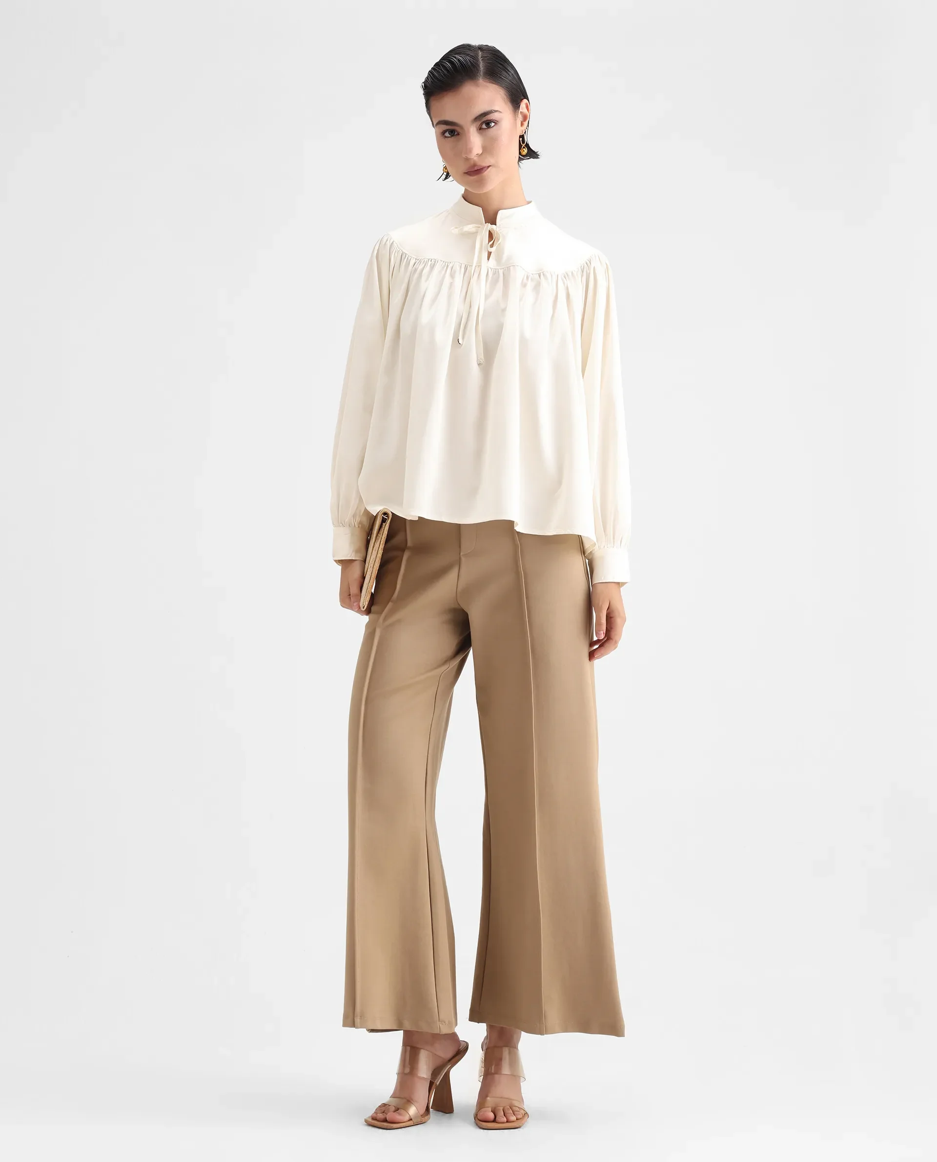 Rareism Women's Tia White Polyester Mandarin Collar Plain Volume Sleeve Relaxed Fit Top - Image 2