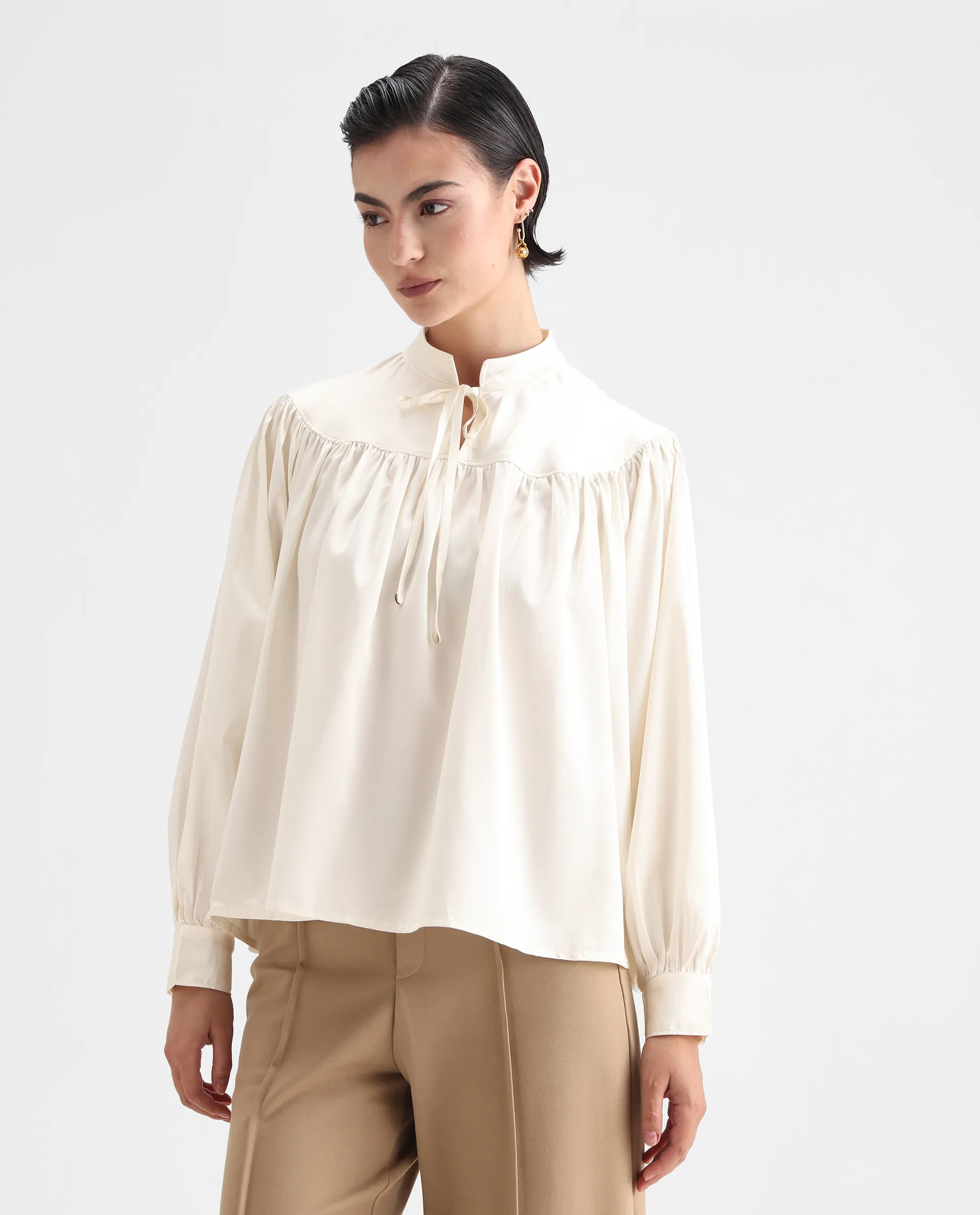 Rareism Women's Tia White Polyester Mandarin Collar Plain Volume Sleeve Relaxed Fit Top - Image 3
