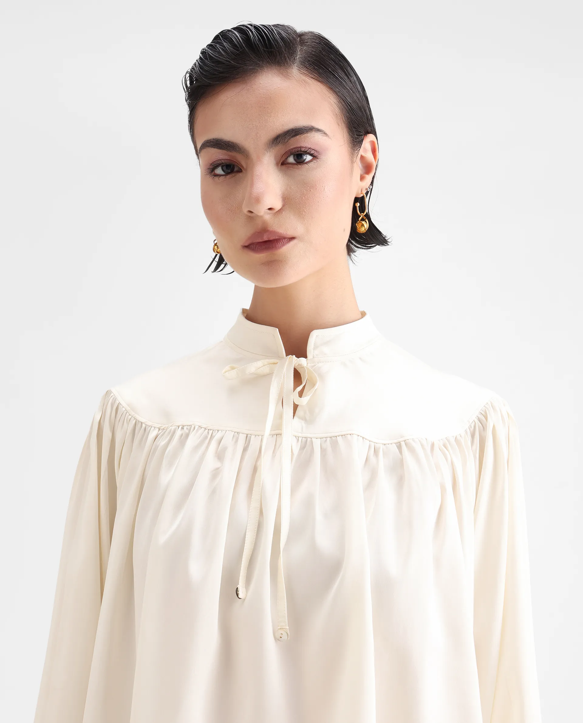 Rareism Women's Tia White Polyester Mandarin Collar Plain Volume Sleeve Relaxed Fit Top - Image 4