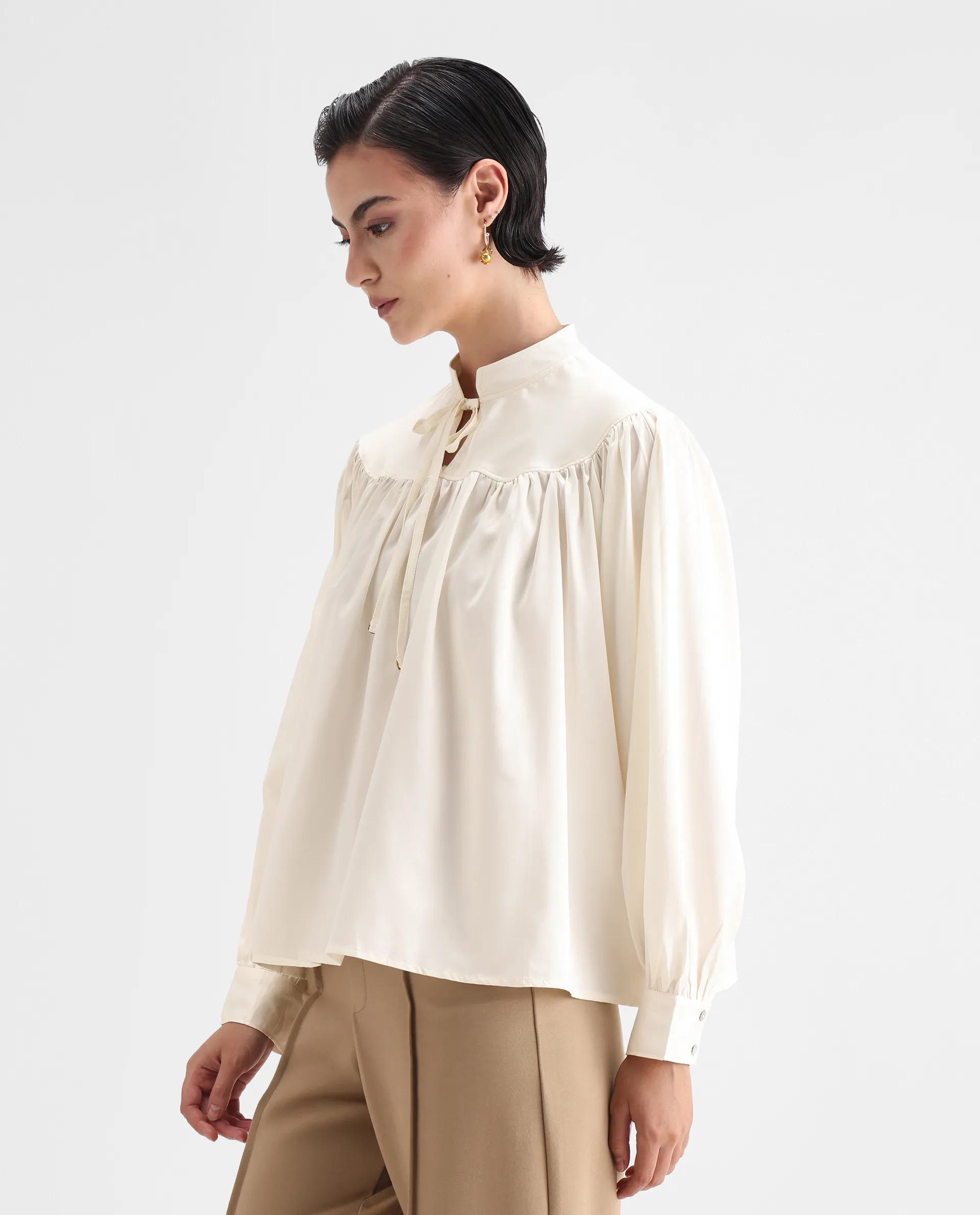 Rareism Women's Tia White Polyester Mandarin Collar Plain Volume Sleeve Relaxed Fit Top - Image 5