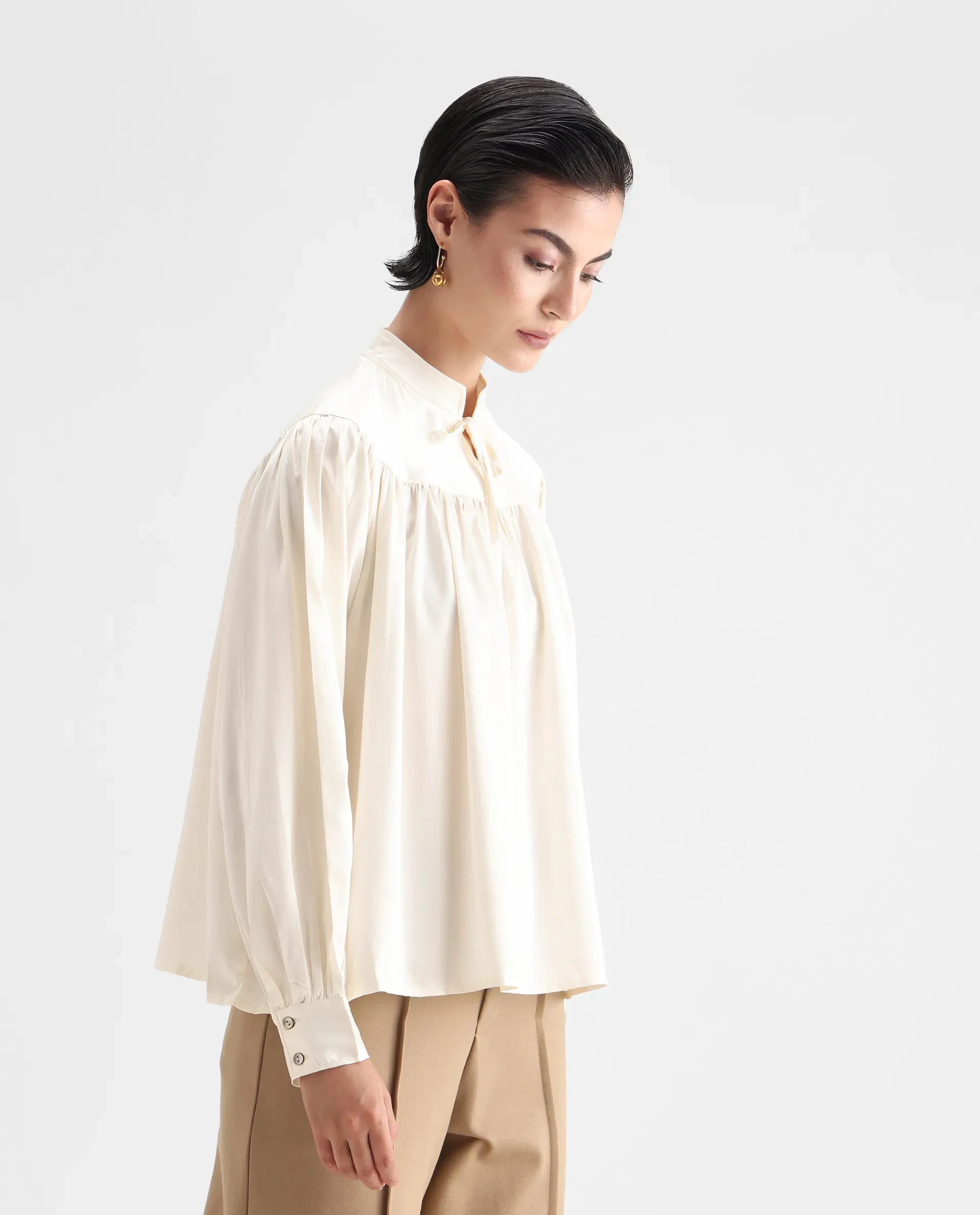 Rareism Women's Tia White Polyester Mandarin Collar Plain Volume Sleeve Relaxed Fit Top - Image 6