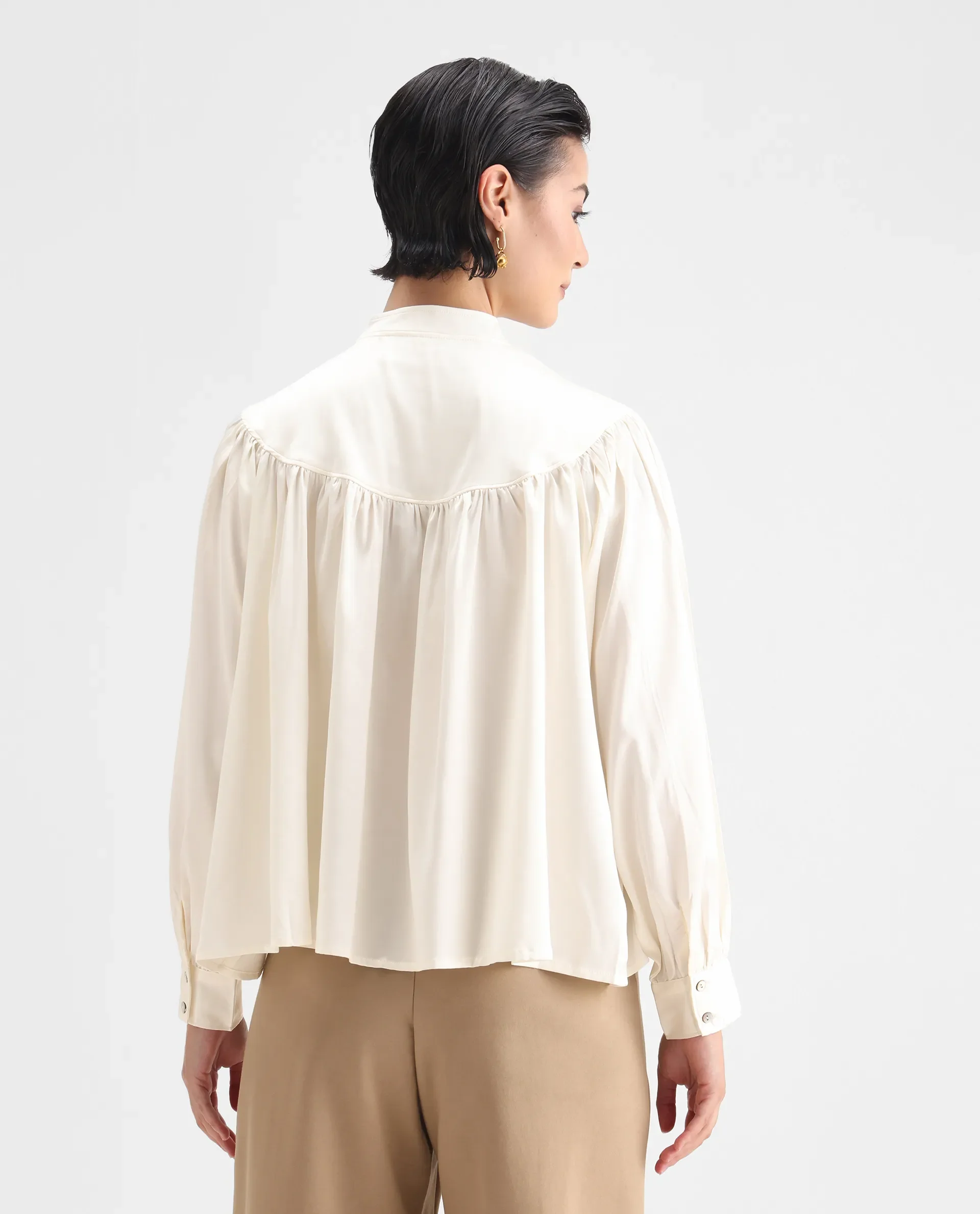 Rareism Women's Tia White Polyester Mandarin Collar Plain Volume Sleeve Relaxed Fit Top - Image 7