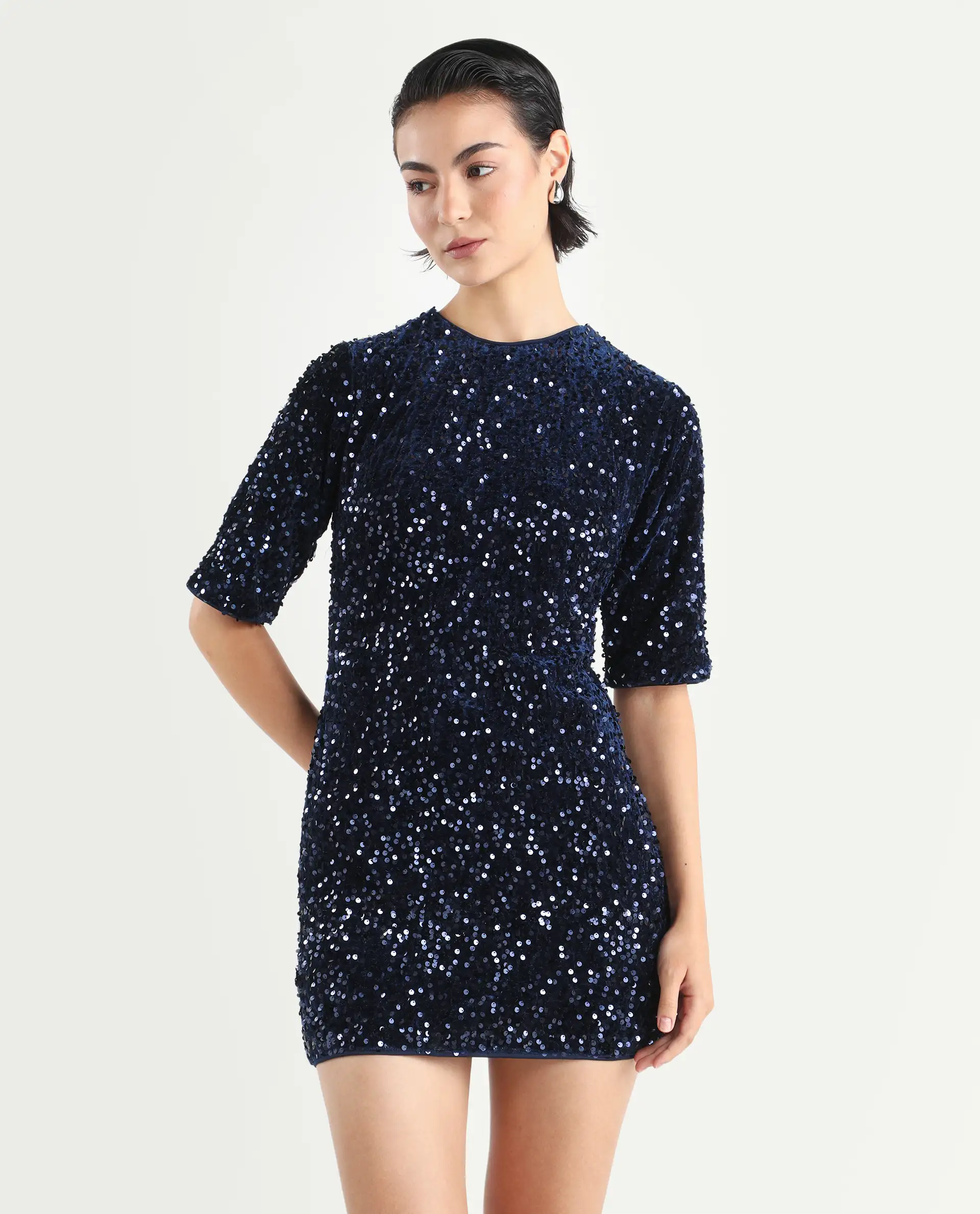 Rareism Women's Tiana Sheen Blue Polyester Crew Neck Sequined Mini A-Line Dress - Image 3