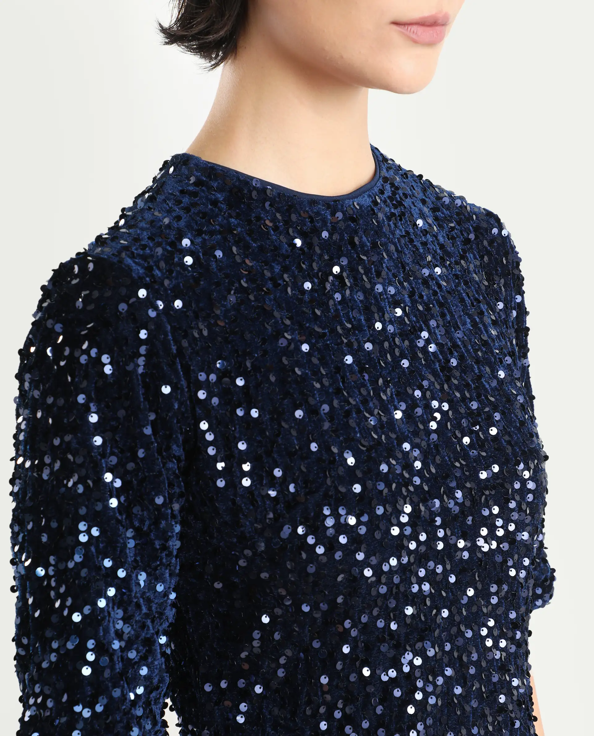 Rareism Women's Tiana Sheen Blue Polyester Crew Neck Sequined Mini A-Line Dress - Image 4