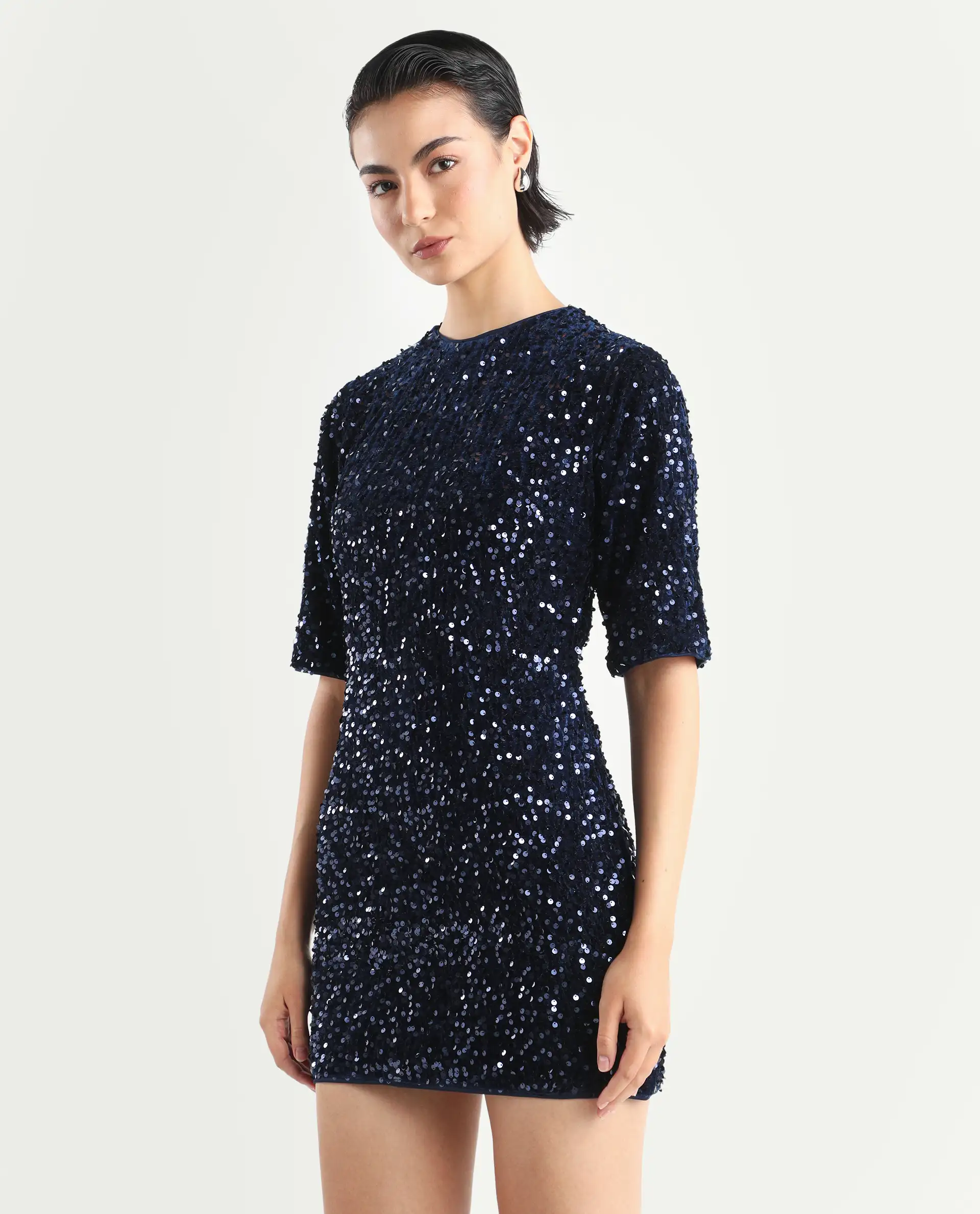 Rareism Women's Tiana Sheen Blue Polyester Crew Neck Sequined Mini A-Line Dress - Image 5